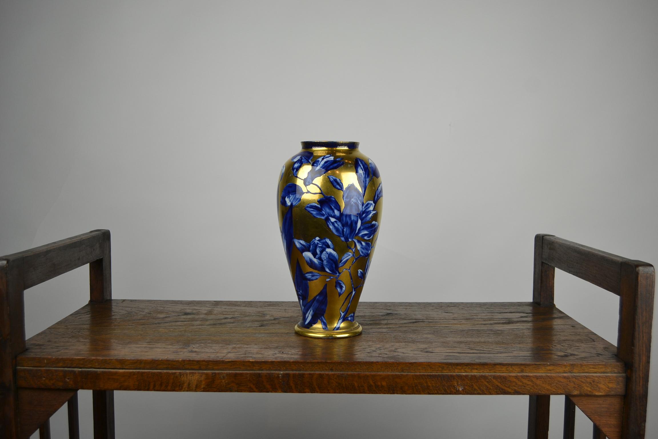 Antique English Thomas Forester Vase , Blue with Gold Floral Design, circa 1910 7