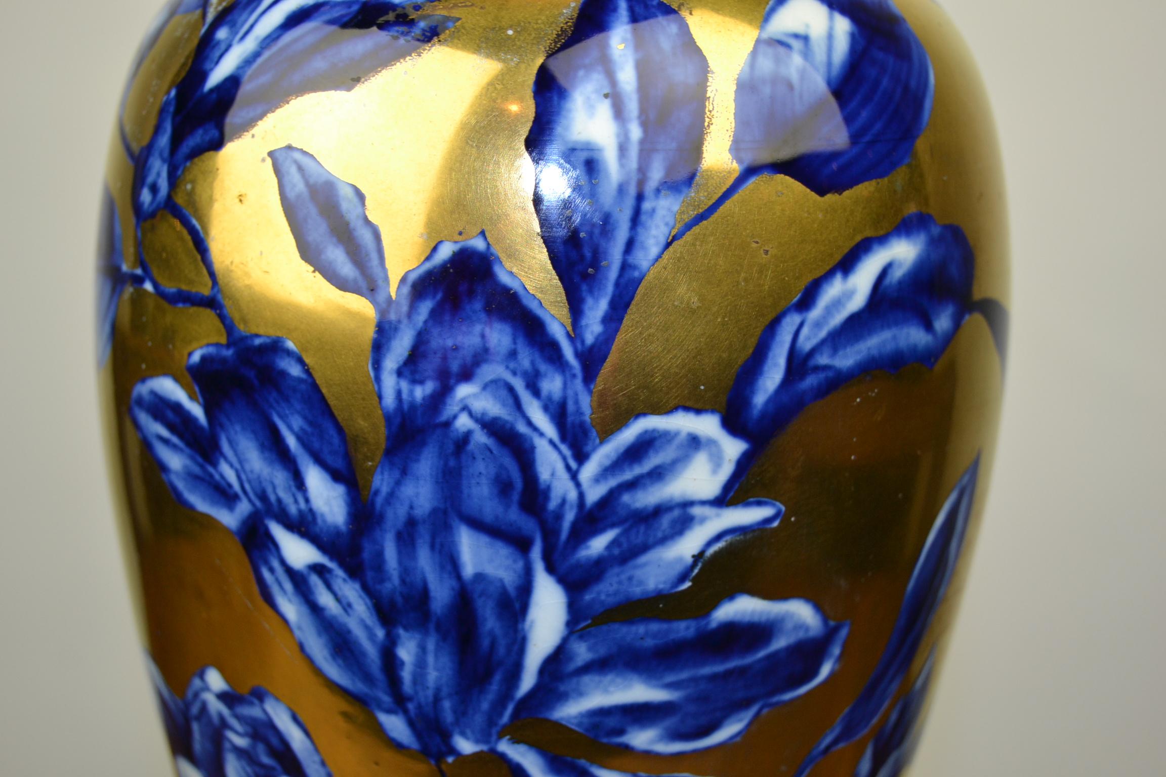 Art Nouveau Antique English Thomas Forester Vase , Blue with Gold Floral Design, circa 1910