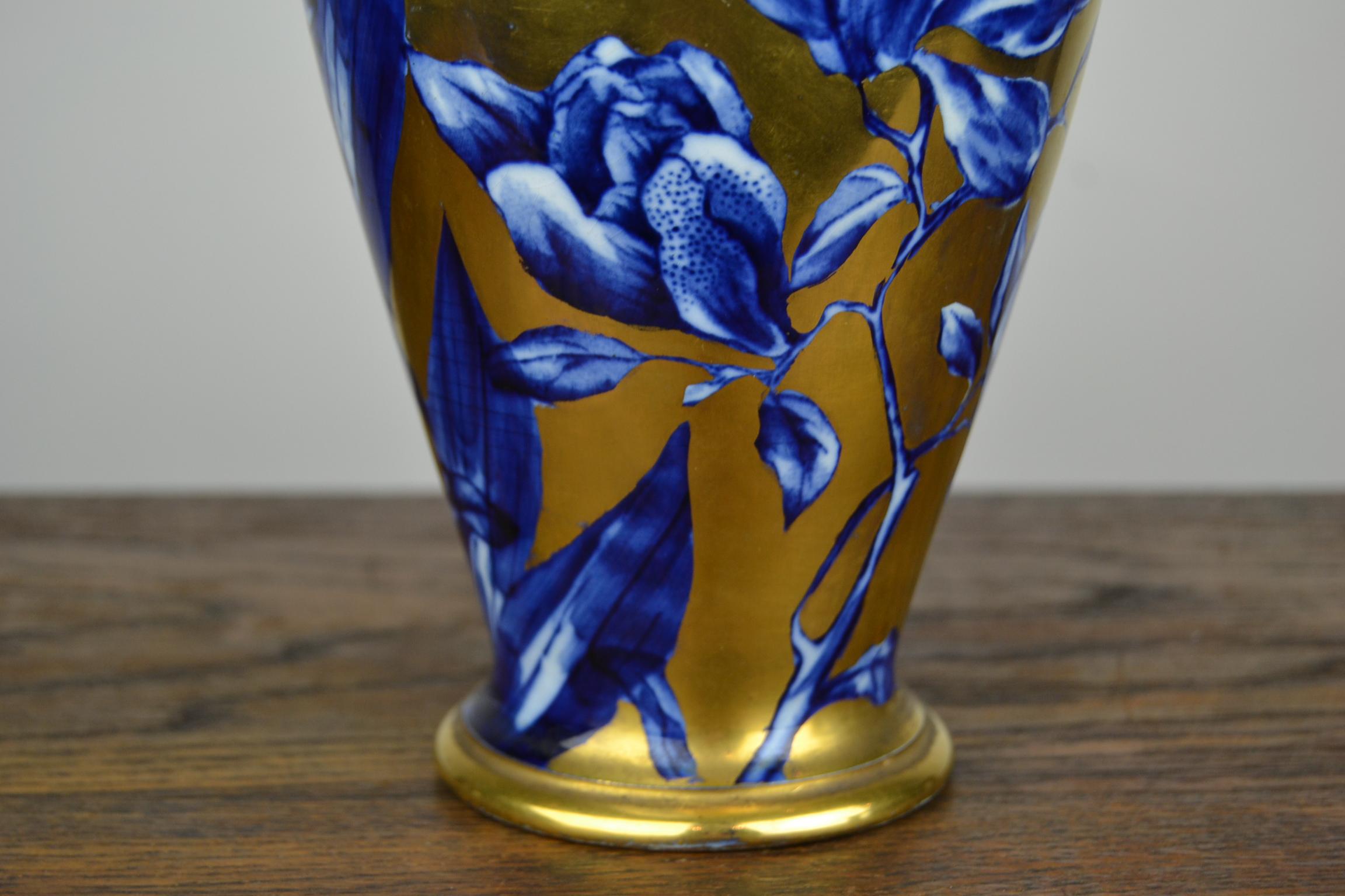 Hand-Painted Antique English Thomas Forester Vase , Blue with Gold Floral Design, circa 1910