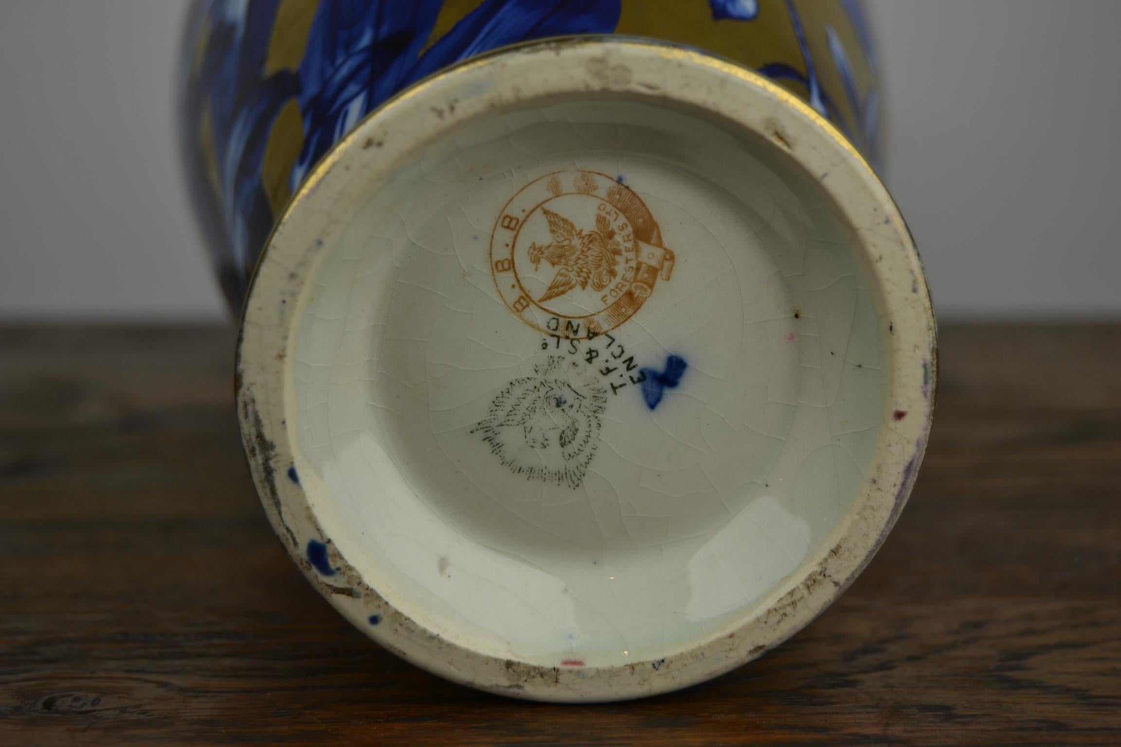 20th Century Antique English Thomas Forester Vase , Blue with Gold Floral Design, circa 1910