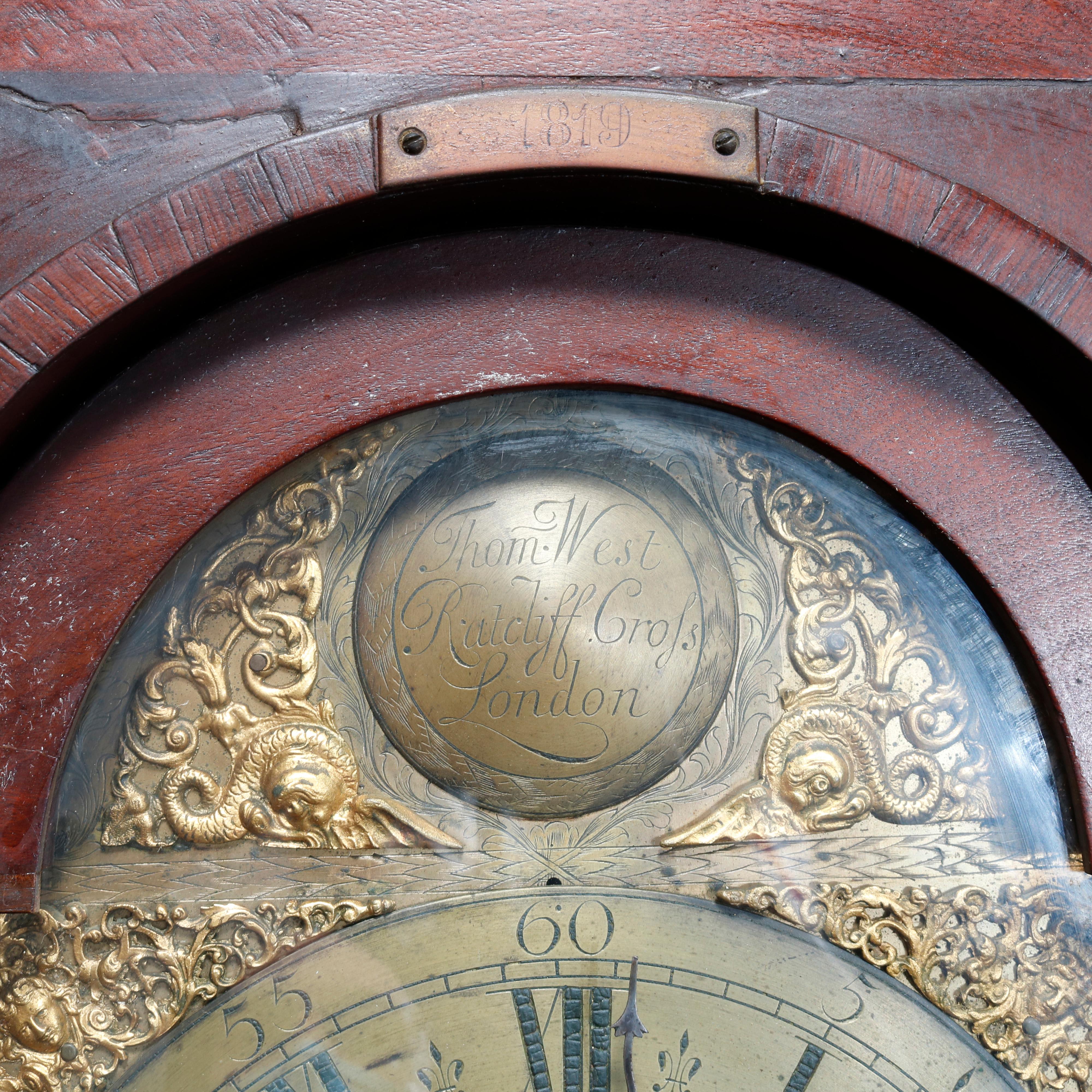 Inlay Antique English Thomas West, London Inlaid Flame Mahogany Tall Case Clock, 1819