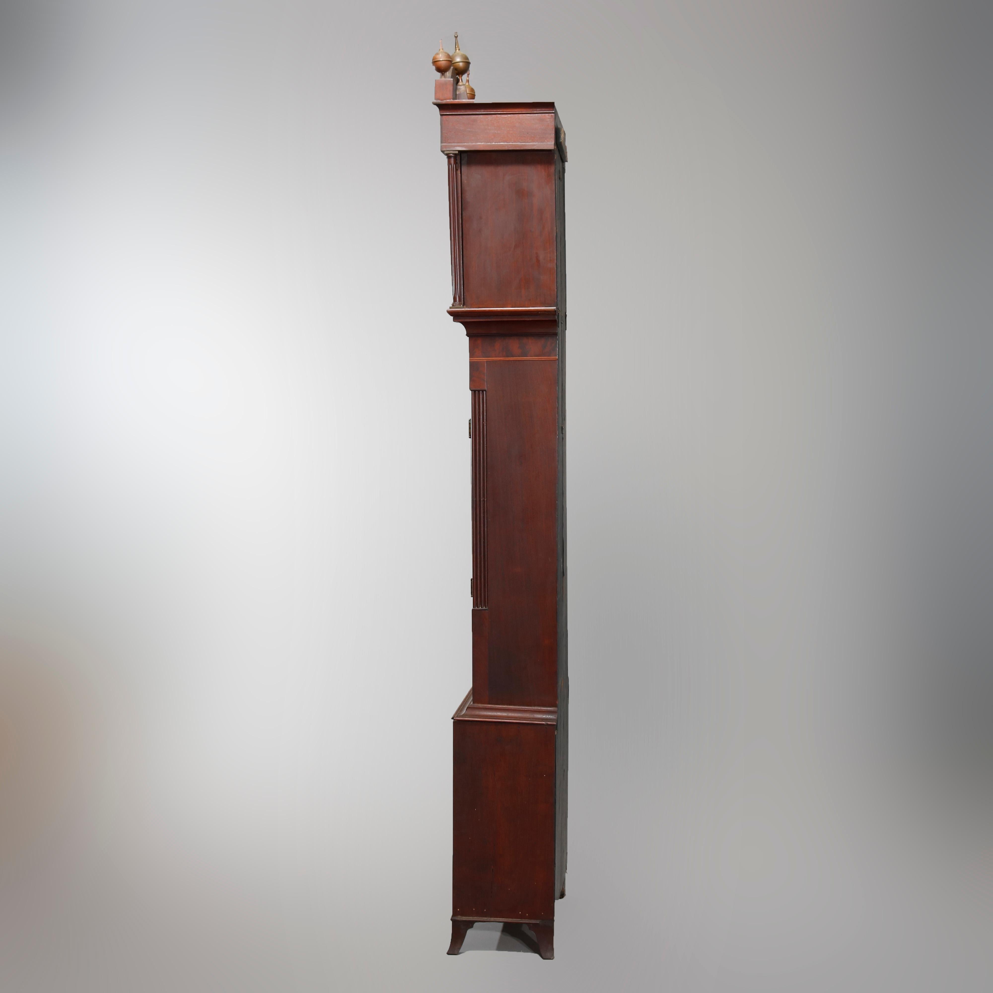 Antique English Thomas West, London Inlaid Flame Mahogany Tall Case Clock, 1819 In Good Condition In Big Flats, NY