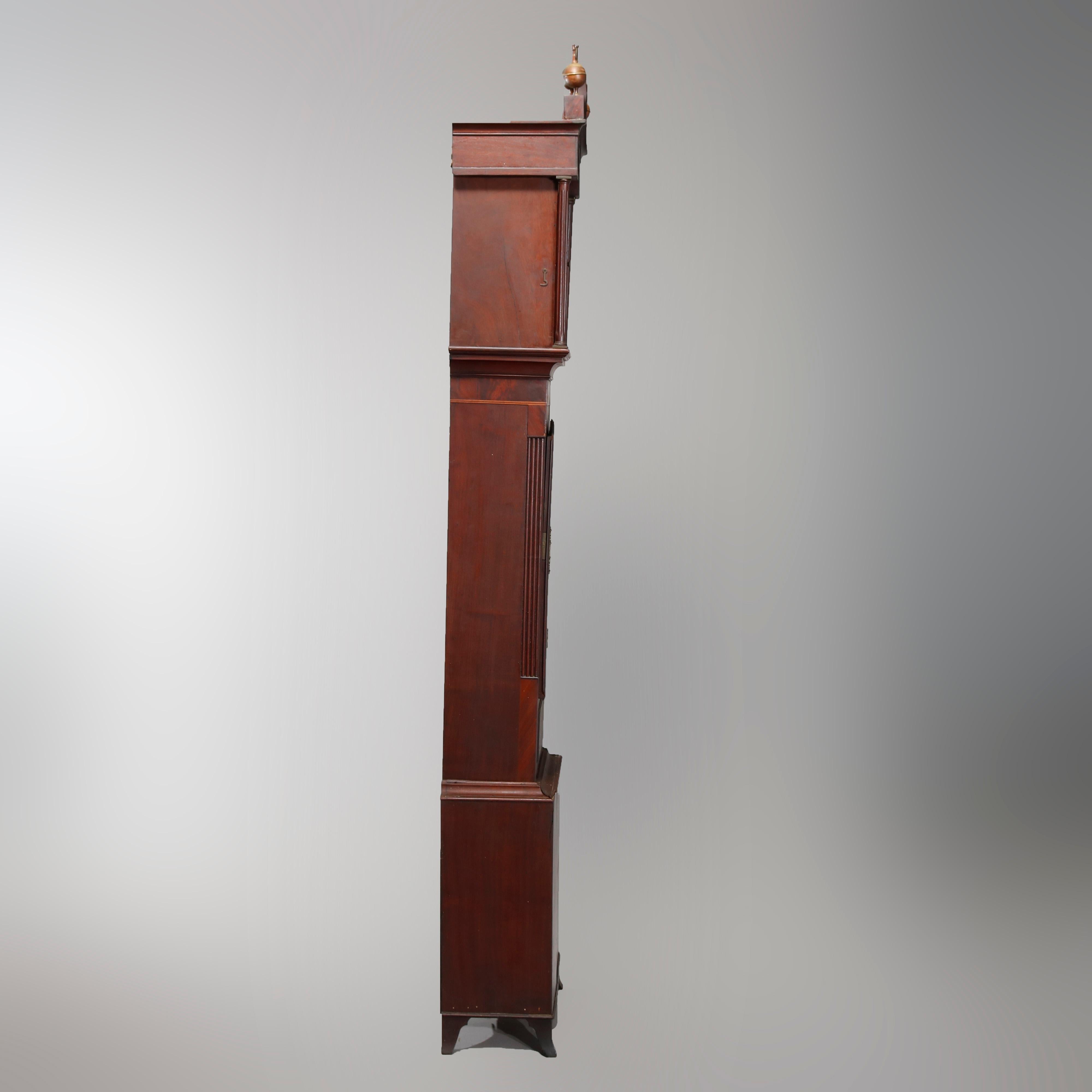Antique English Thomas West, London Inlaid Flame Mahogany Tall Case Clock, 1819 1