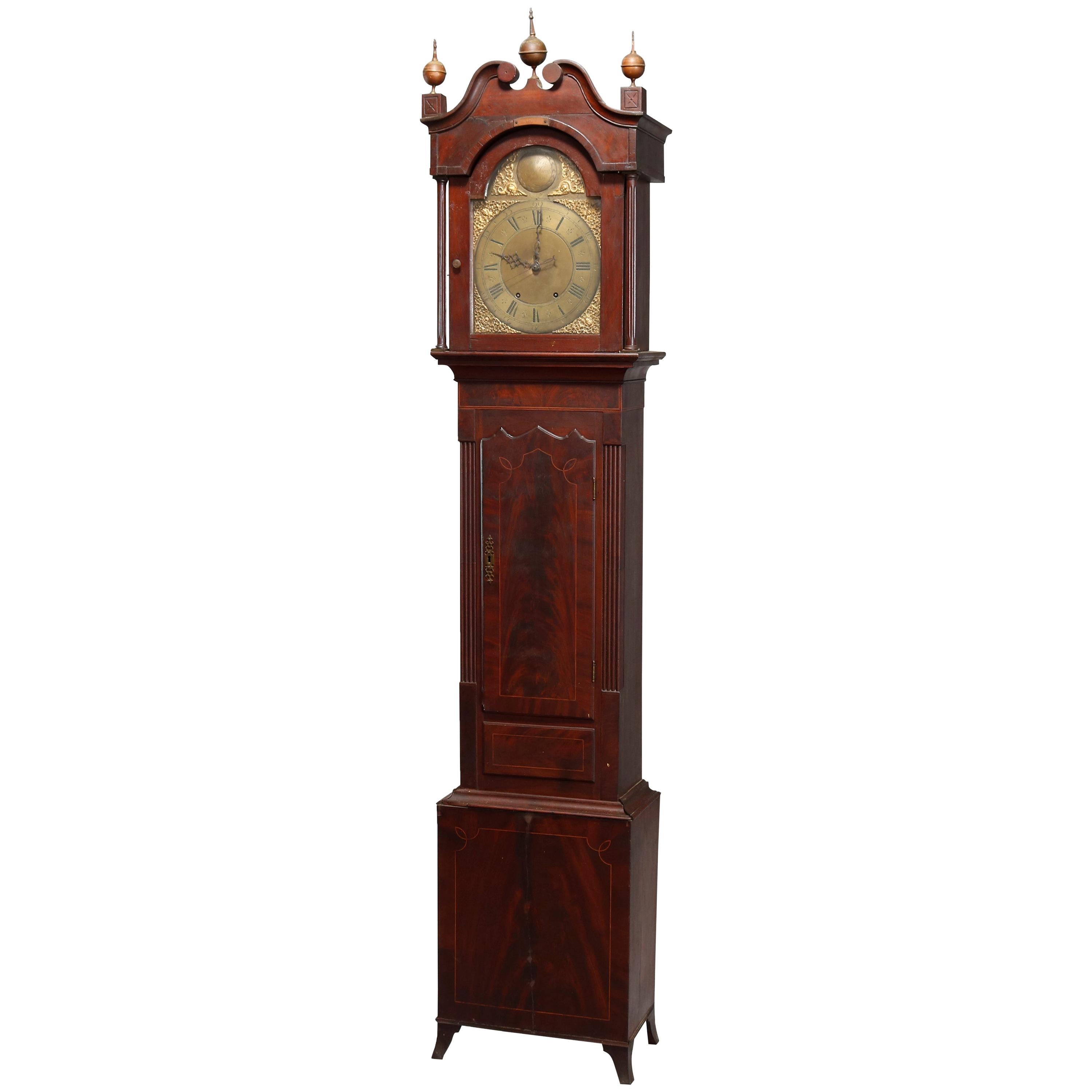 Antique English Thomas West, London Inlaid Flame Mahogany Tall Case Clock, 1819