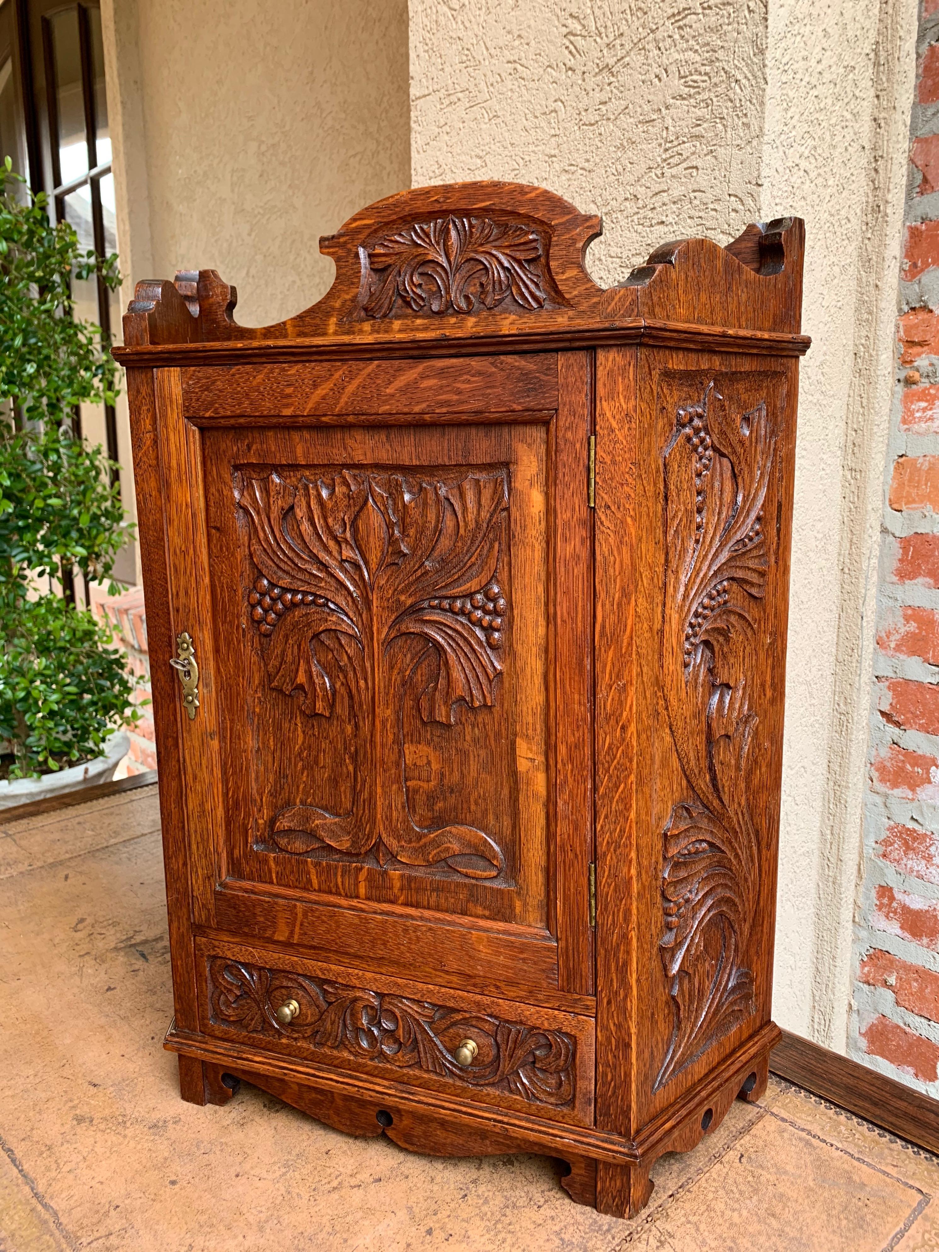 Arts and Crafts Antique English Tiger Oak Carved Cabinet Counter Wall Card Jewelry, circa 1900