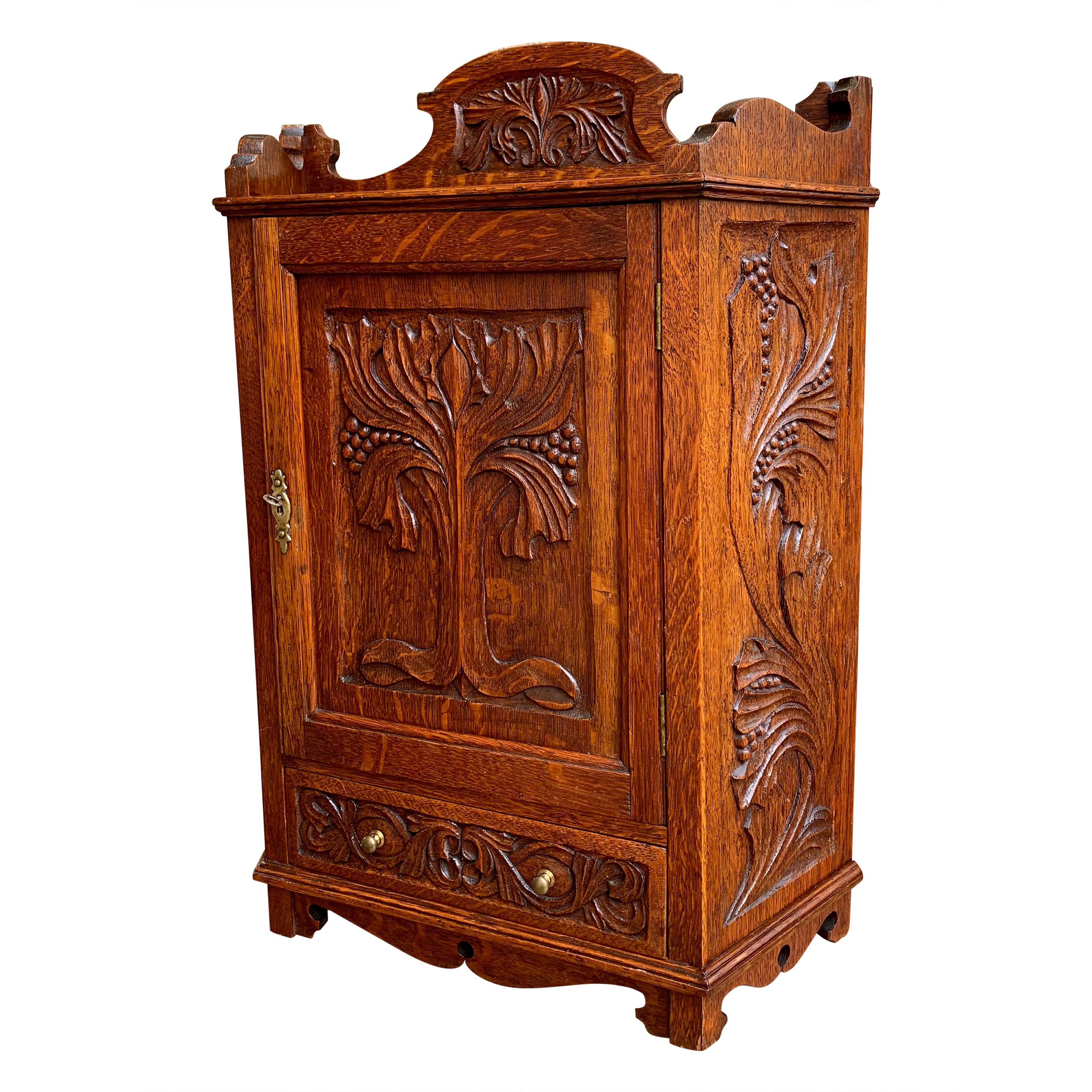 Antique English Tiger Oak Carved Cabinet Counter Wall Card Jewelry, circa 1900