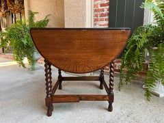 Antique English Tiger Oak Drop Leaf Side Sofa Table Barley Twist Square Gate Leg