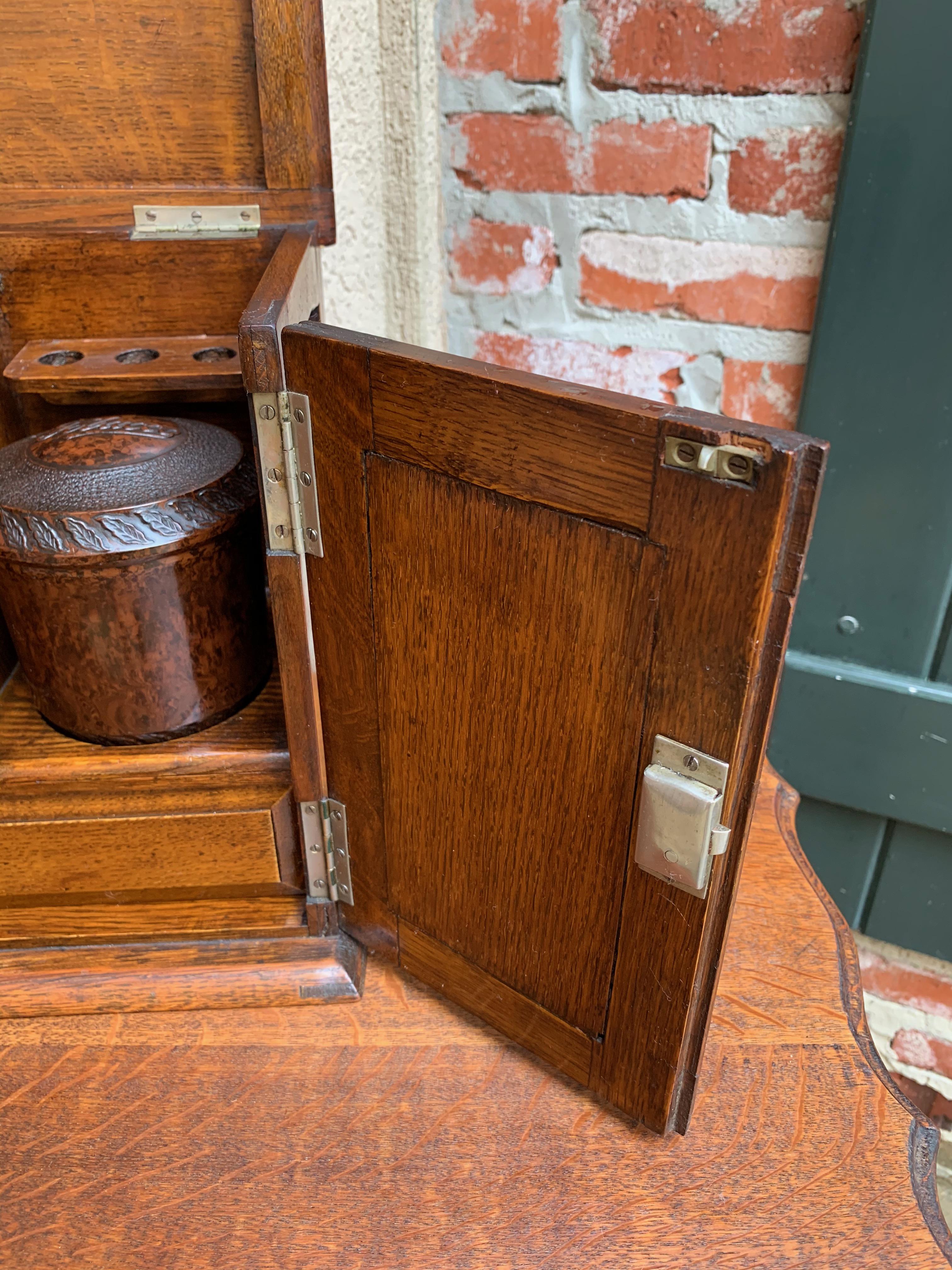 Antique English Tiger Oak Pipe Smoke Cabinet Card Game Box Humidor Lift Top 1
