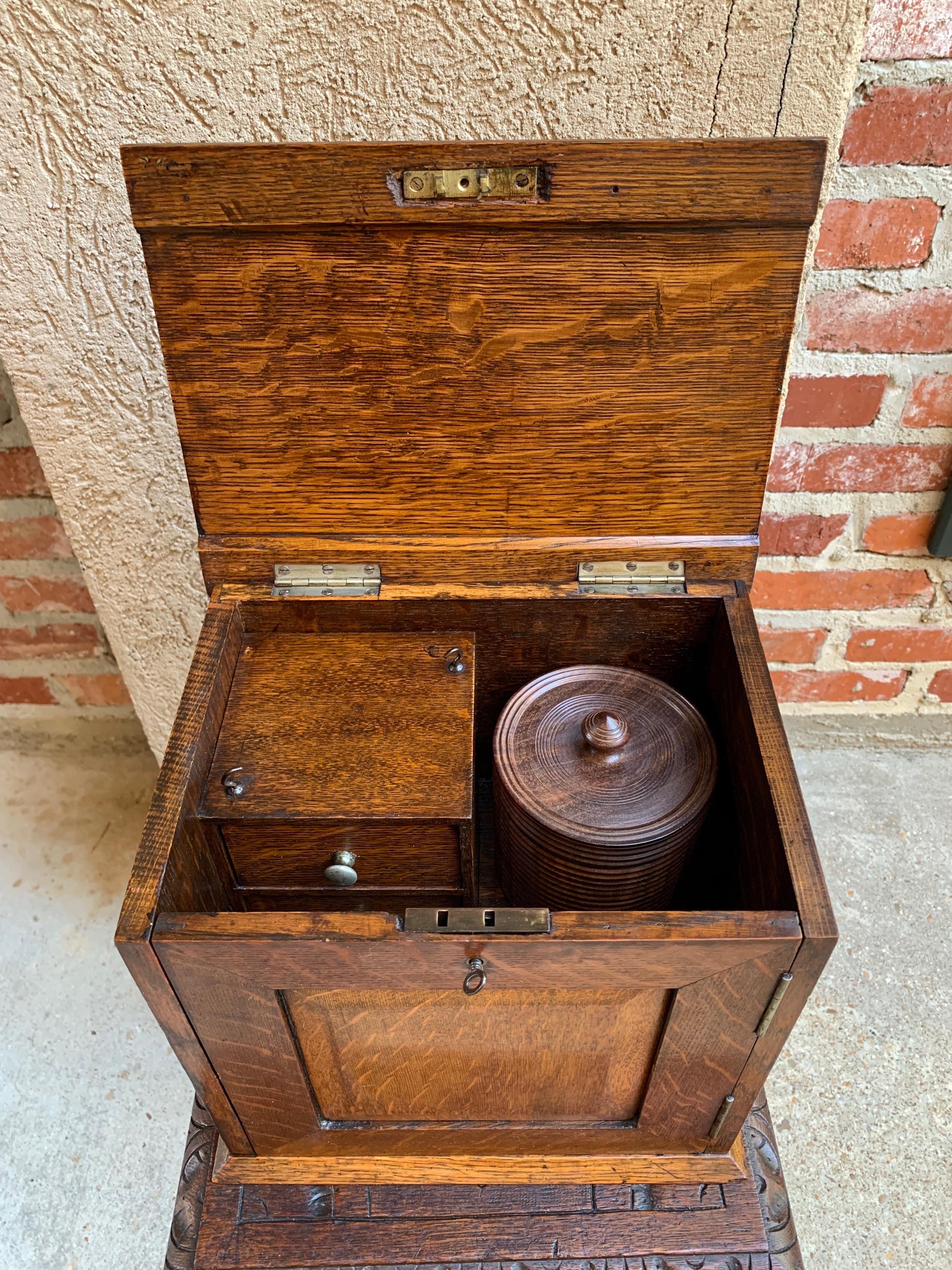 Arts and Crafts Antique English Tiger Oak Pipe Smoke Cabinet Card Game Box Humidor Double Door