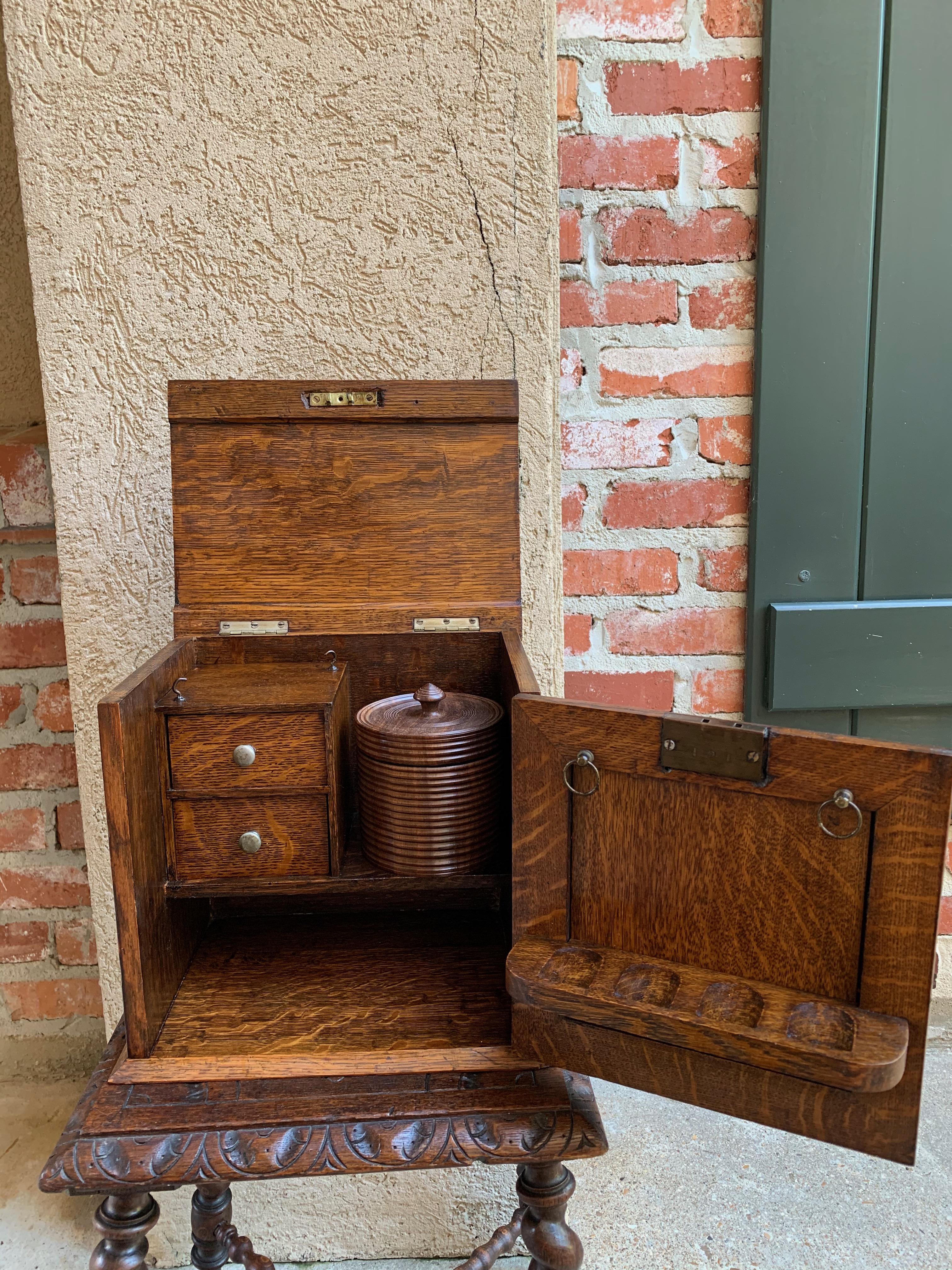 Antique English Tiger Oak Pipe Smoke Cabinet Card Game Box Humidor Double Door In Good Condition In Shreveport, LA