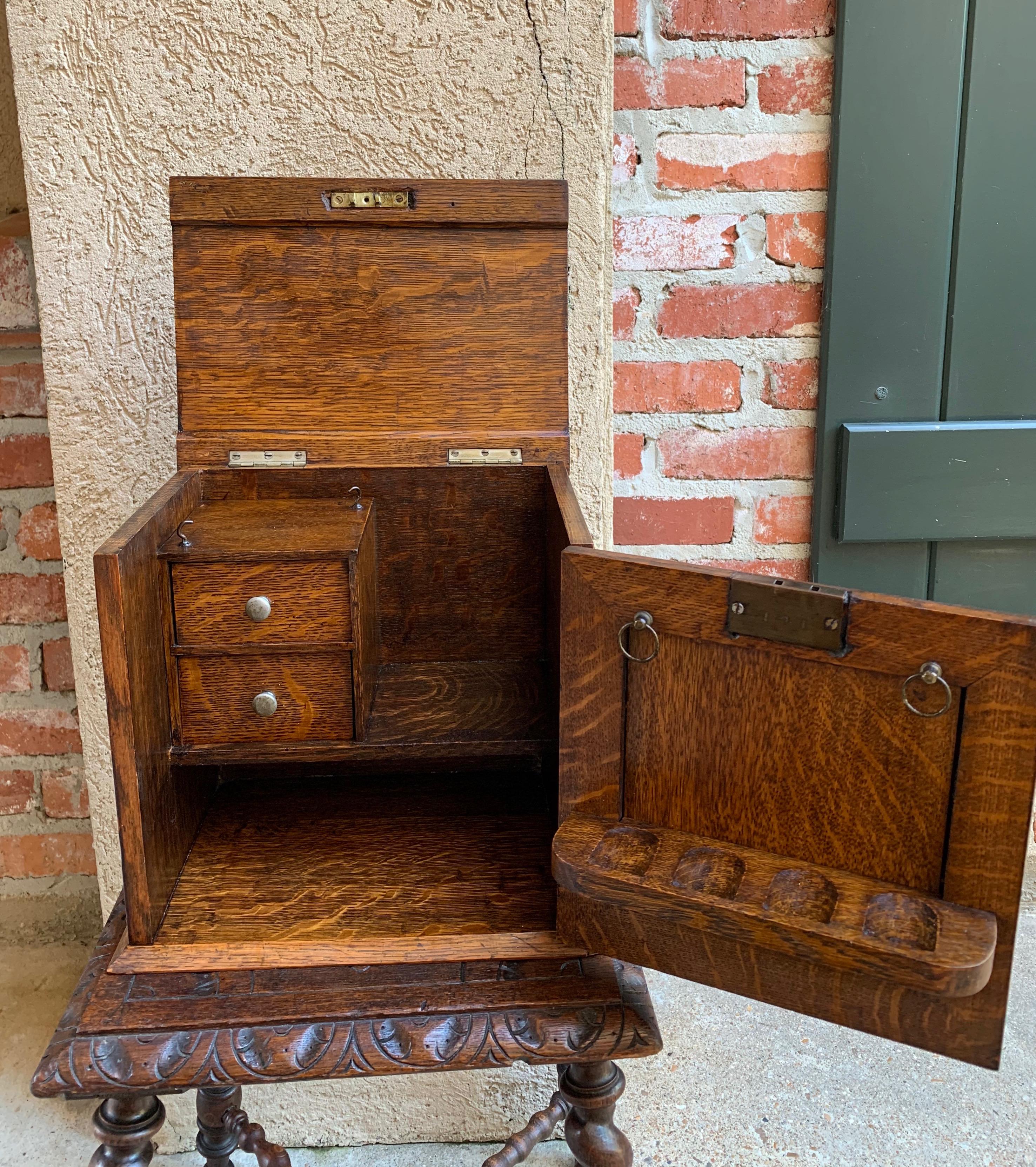 Antique English Tiger Oak Pipe Smoke Cabinet Card Game Box Humidor Double Door 1
