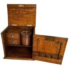 Antique English Tiger Oak Pipe Smoke Cabinet Card Game Box Humidor Double Door