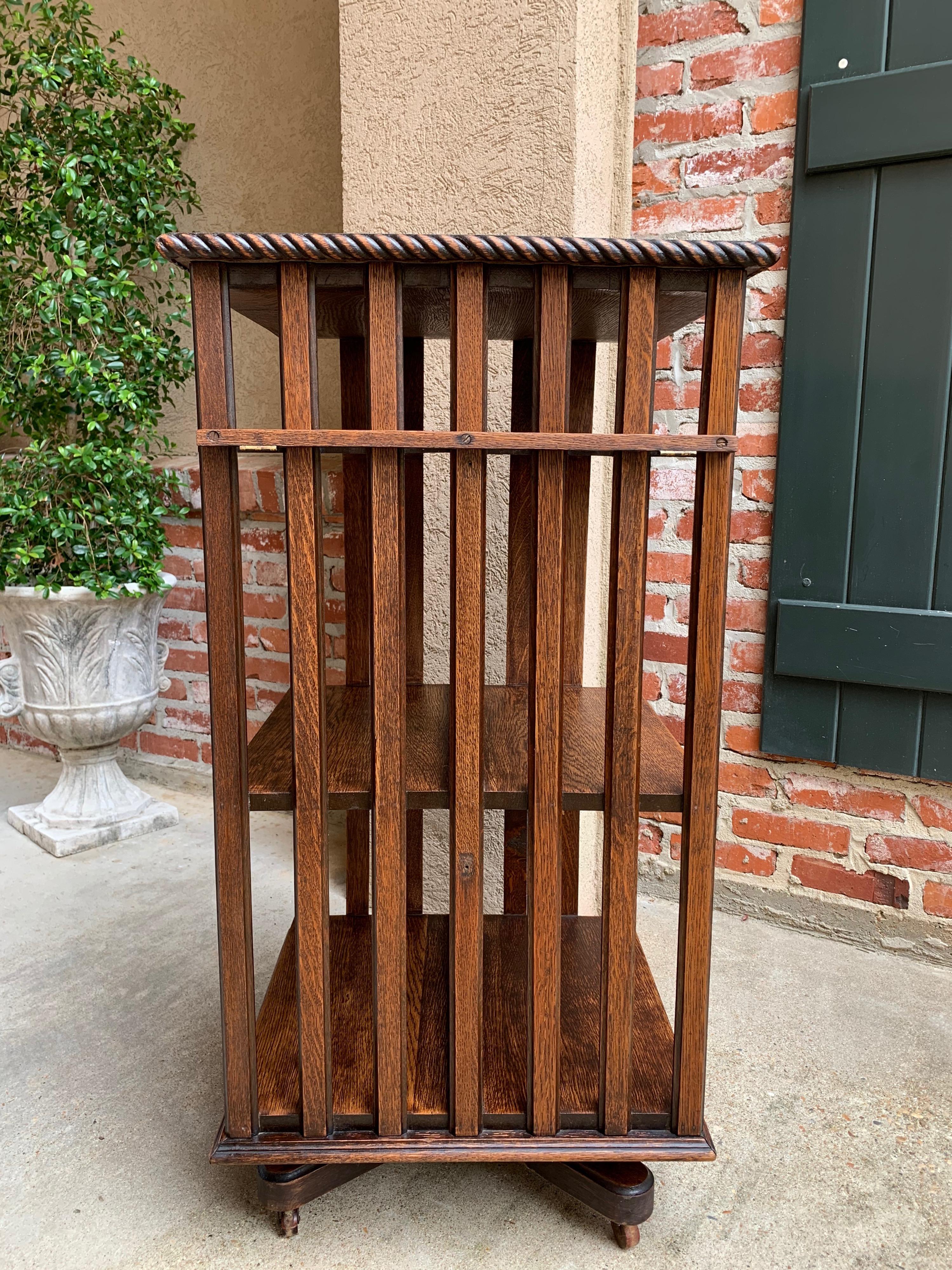 20th Century Antique English Tiger Oak Revolving Rolling Bookcase Bookshelf Arts & Crafts Era