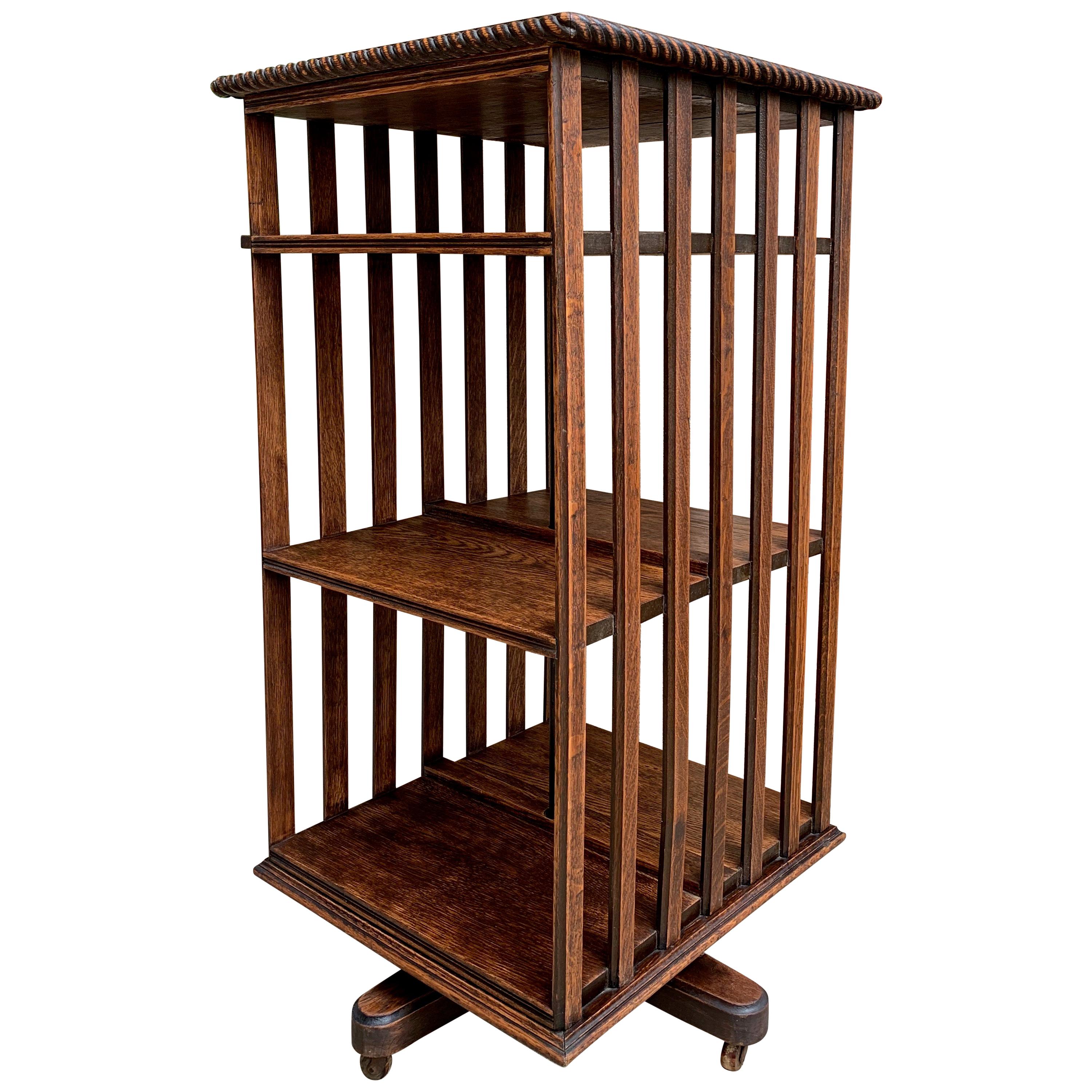 Antique English Tiger Oak Revolving Rolling Bookcase Bookshelf Arts And Crafts Era For Sale At 1stdibs