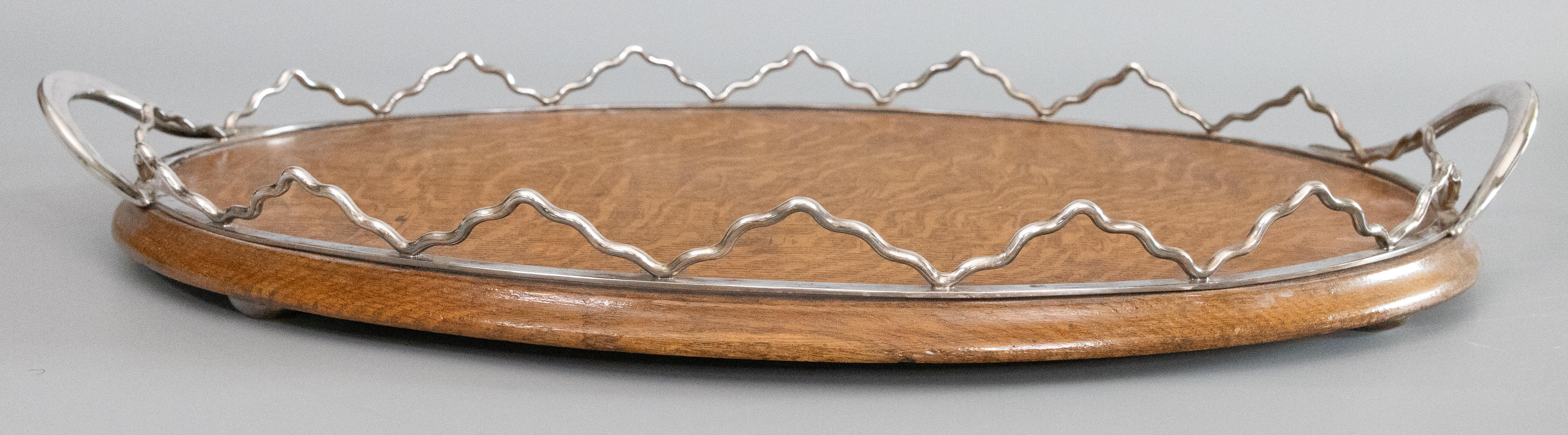 Early 20th Century Antique English Tiger Oak & Silver Plate Oval Gallery Serving Tray