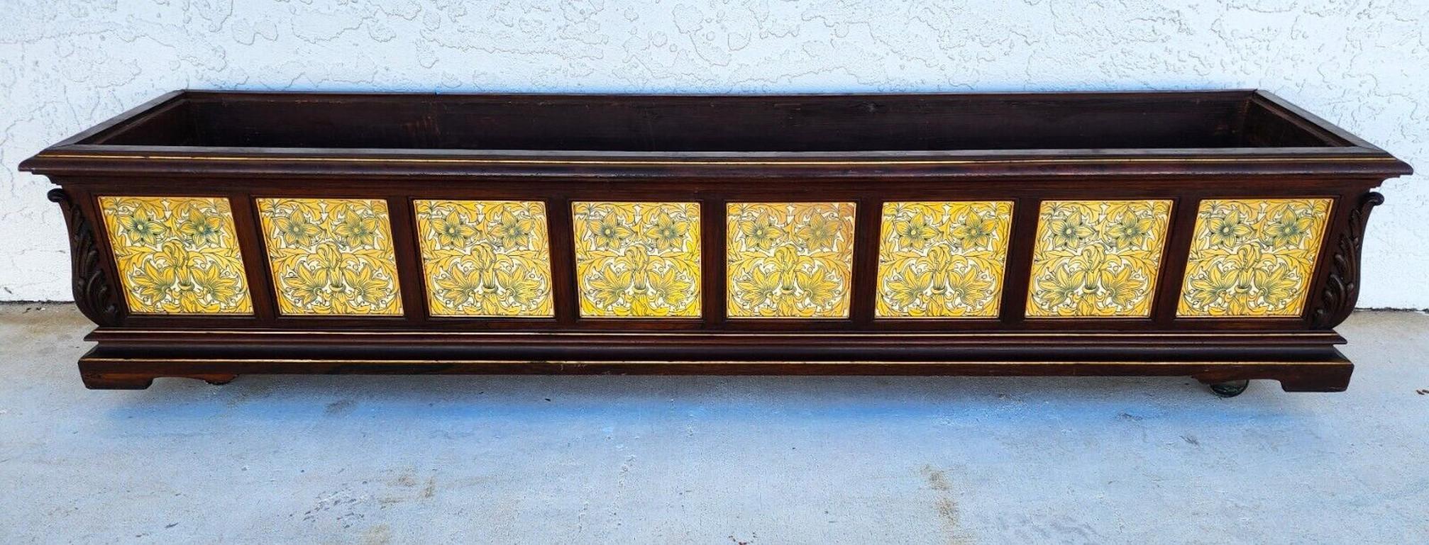 Antique English Tile & Mahogany Planter Rolling 1930's In Good Condition For Sale In Lake Worth, FL