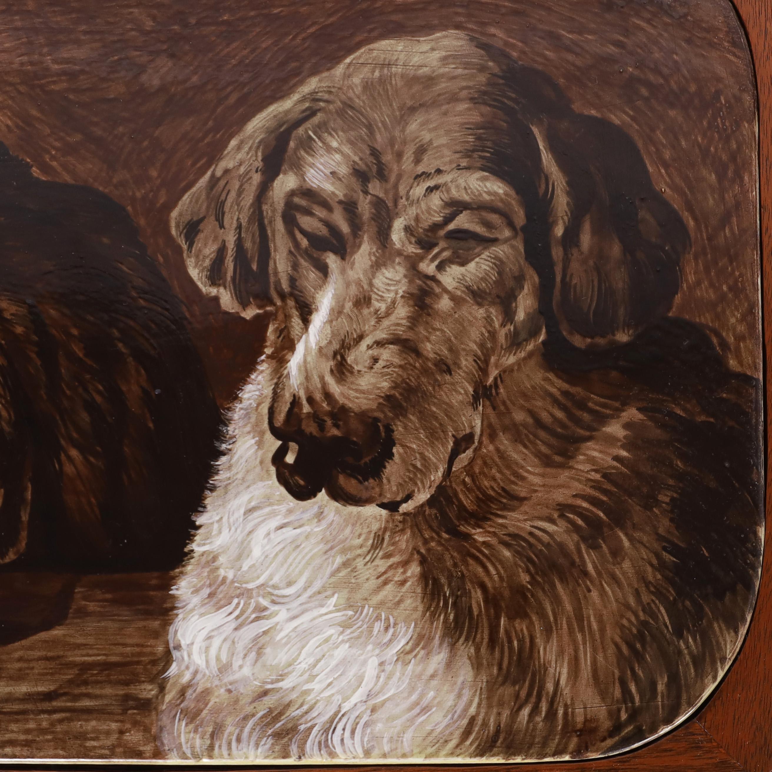 19th Century Antique English Tile Top Table with Dogs on a Faux Bamboo Base For Sale