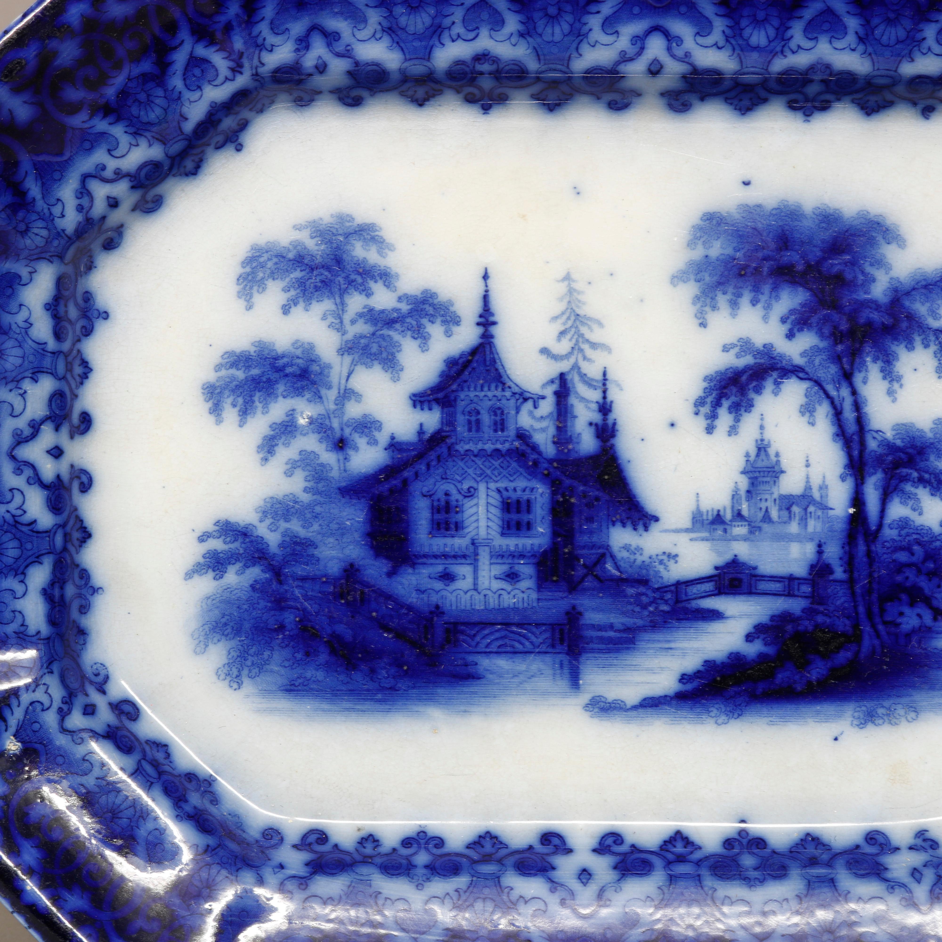 Antique English TJ&J Mayer Chinoiserie Decorated Flow Blue Platter c1830 In Good Condition In Big Flats, NY