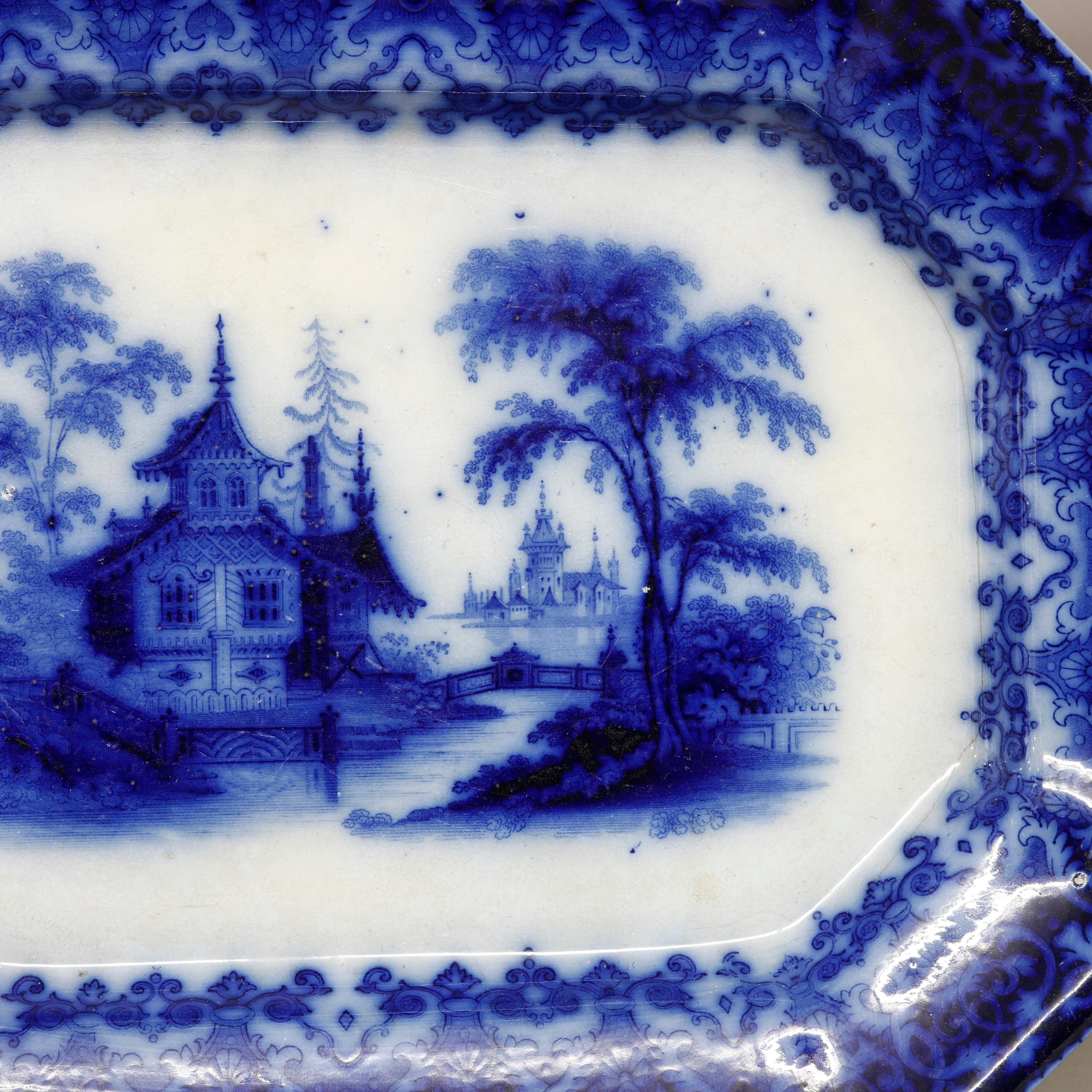 19th Century Antique English TJ&J Mayer Chinoiserie Decorated Flow Blue Platter c1830