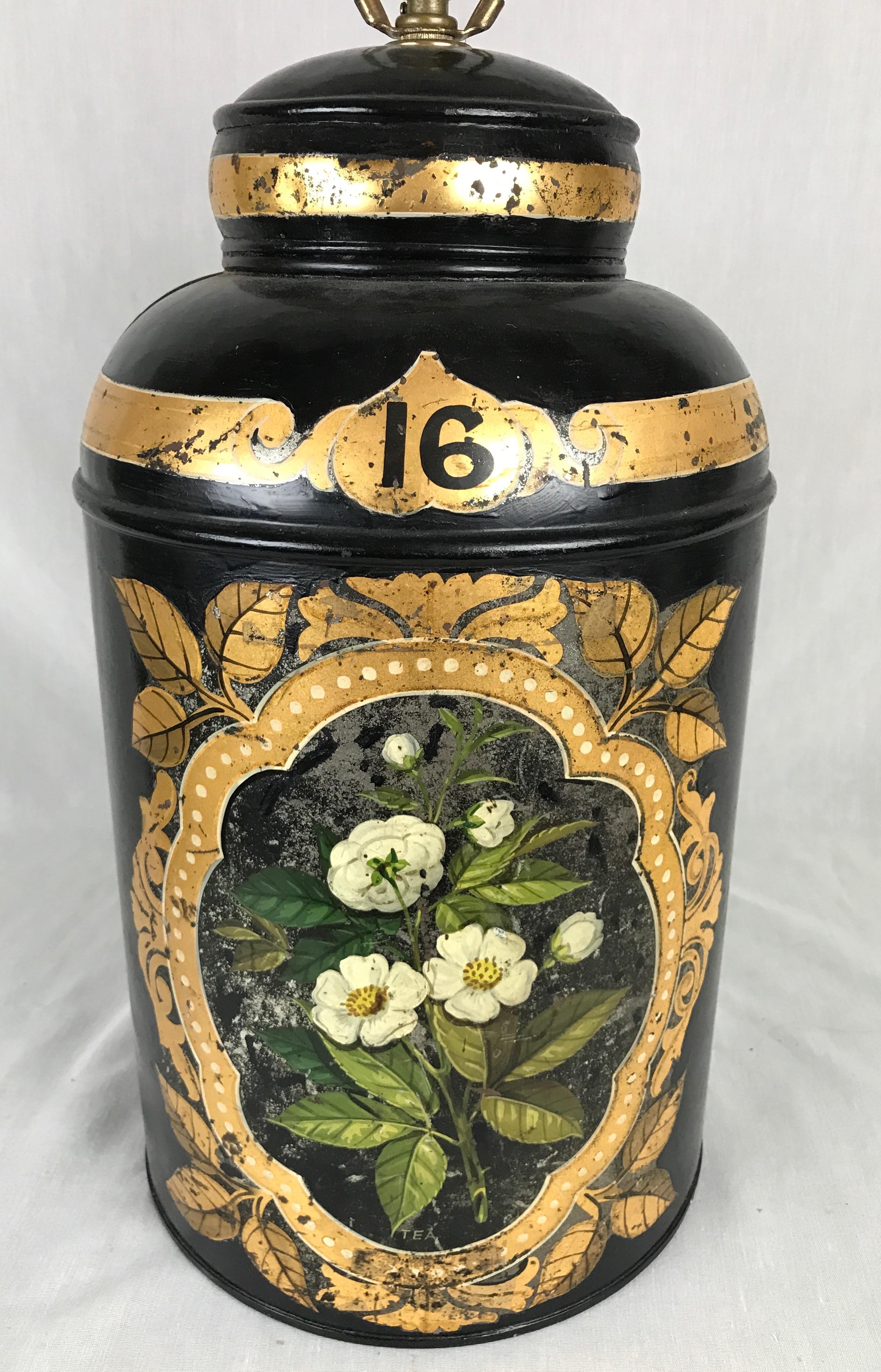 Chinoiserie Antique English Tole Painted Tea Canister Lamp, 19th Century