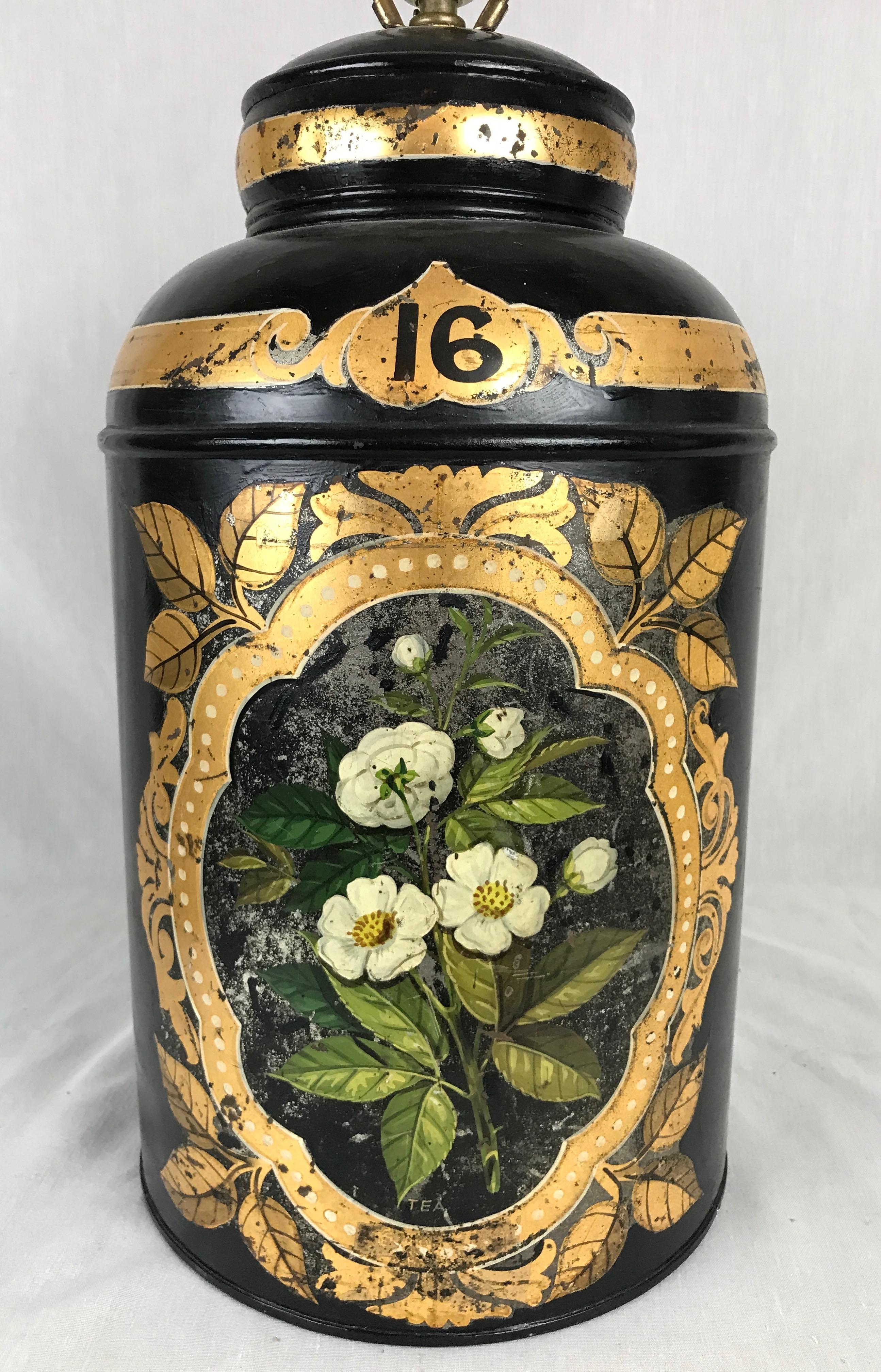 Hand-Painted Antique English Tole Painted Tea Canister Lamp, 19th Century