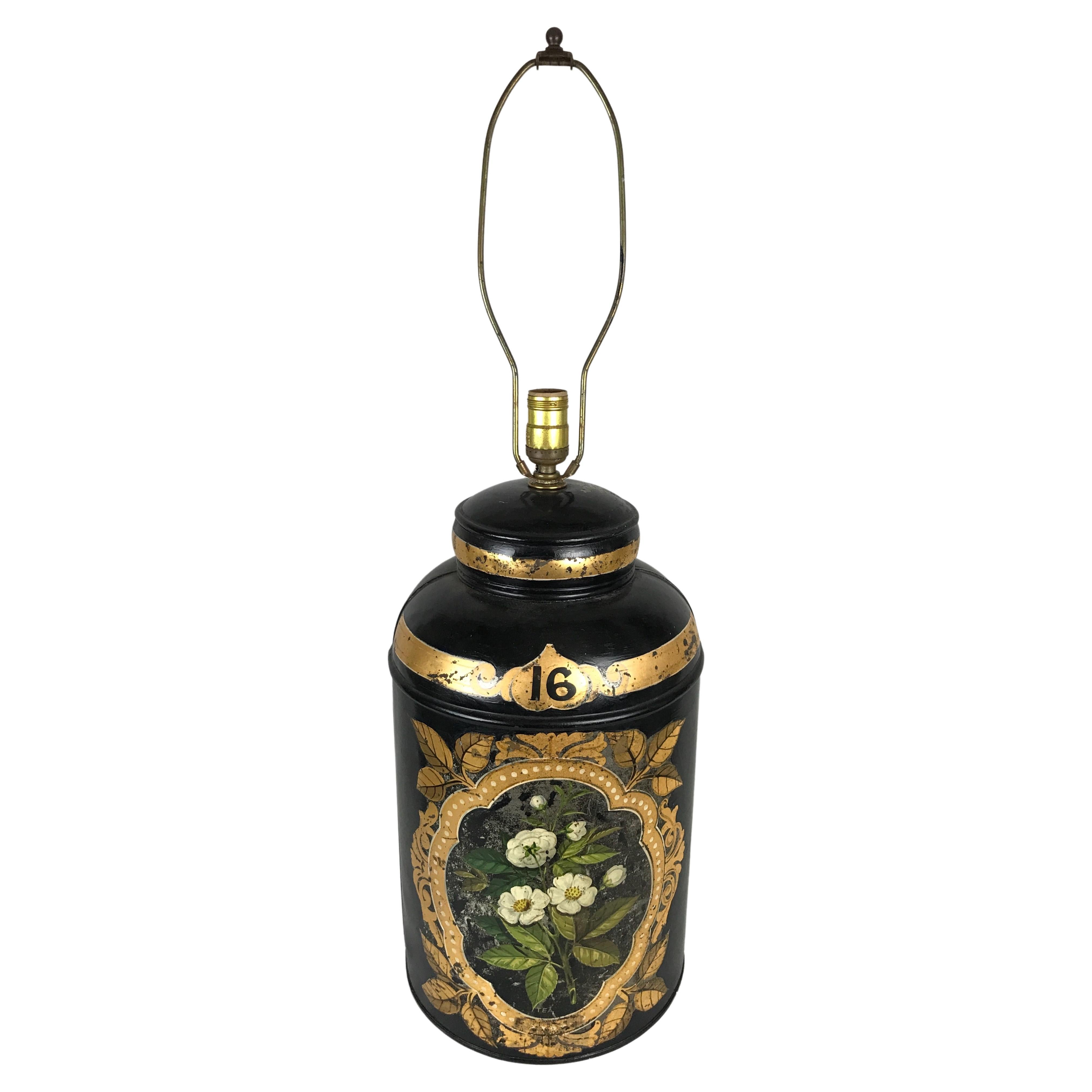 Antique English Tole Painted Tea Canister Lamp, 19th Century