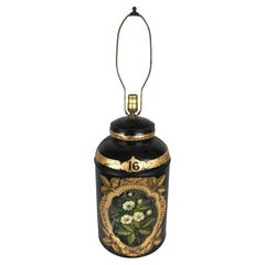 Antique English Tole Painted Tea Canister Lamp, 19th Century