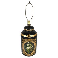 Antique English Tole Painted Tea Canister Lamp, 19th Century