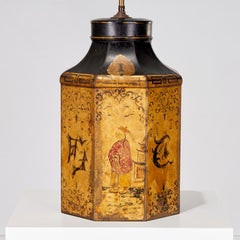 Large Antique English Tole Tea Canister Lamp Black & Gold Chinoiserie Decoration