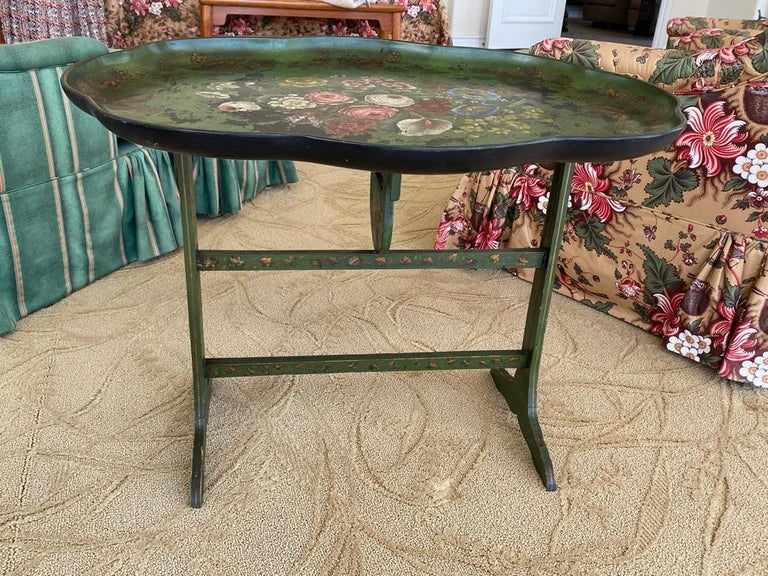 Early Victorian Antique English Tole Tray Coffee Table For Sale