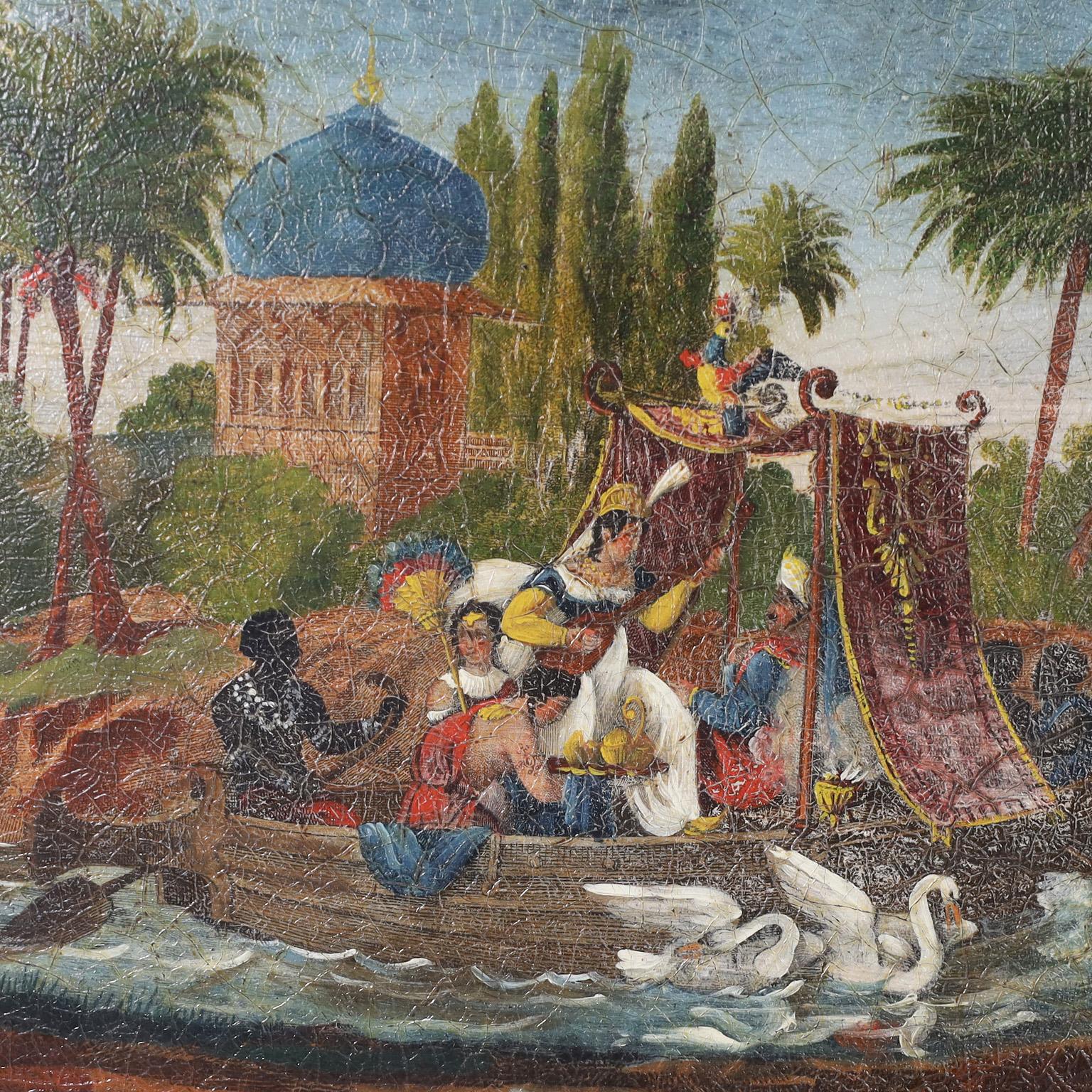 Antikes englisches Tablett aus Zinn mit orientalistischem Gemälde (Viktorianisch) im Angebot