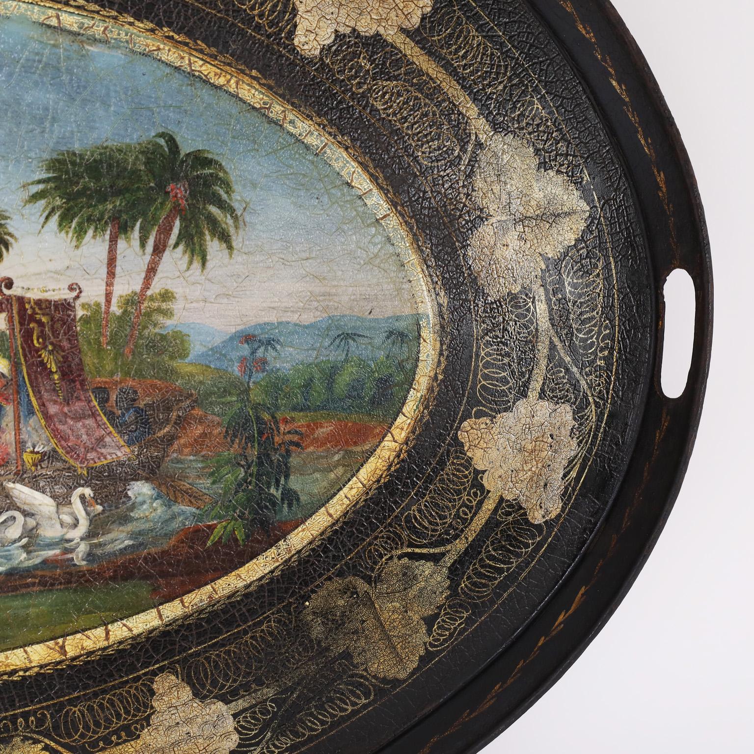 Antikes englisches Tablett aus Zinn mit orientalistischem Gemälde (Englisch) im Angebot