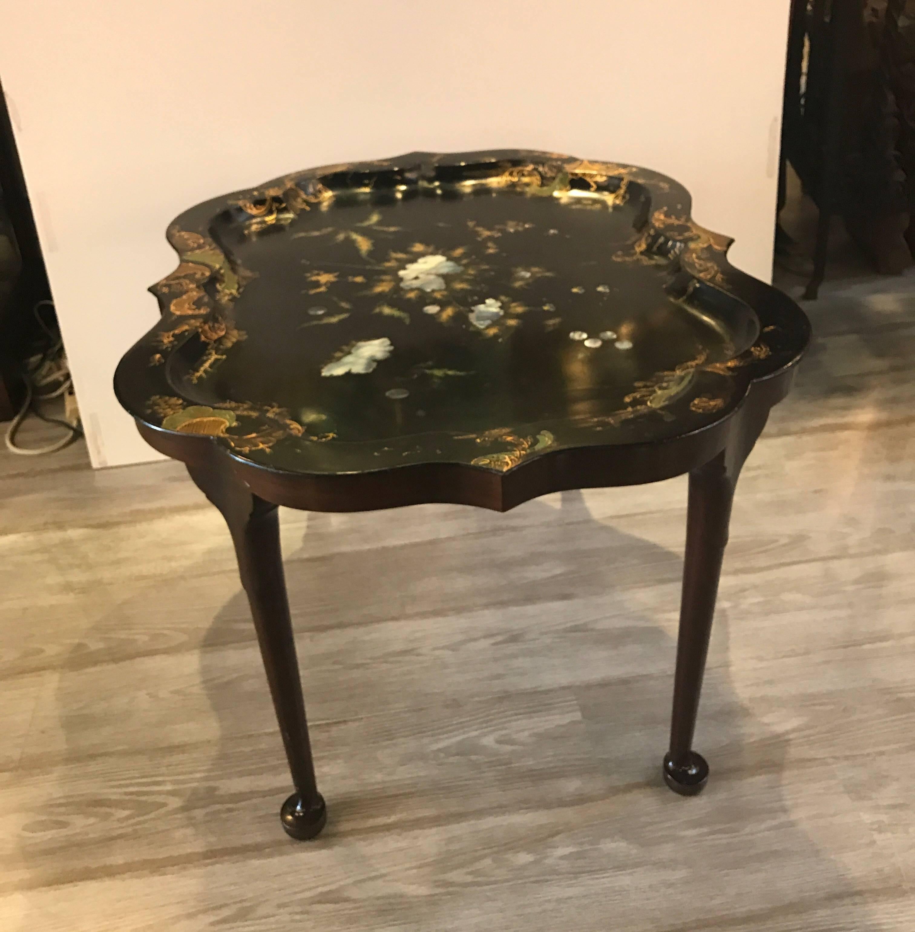 Victorian Antique English Tole with Mother of Pearl Tray Table