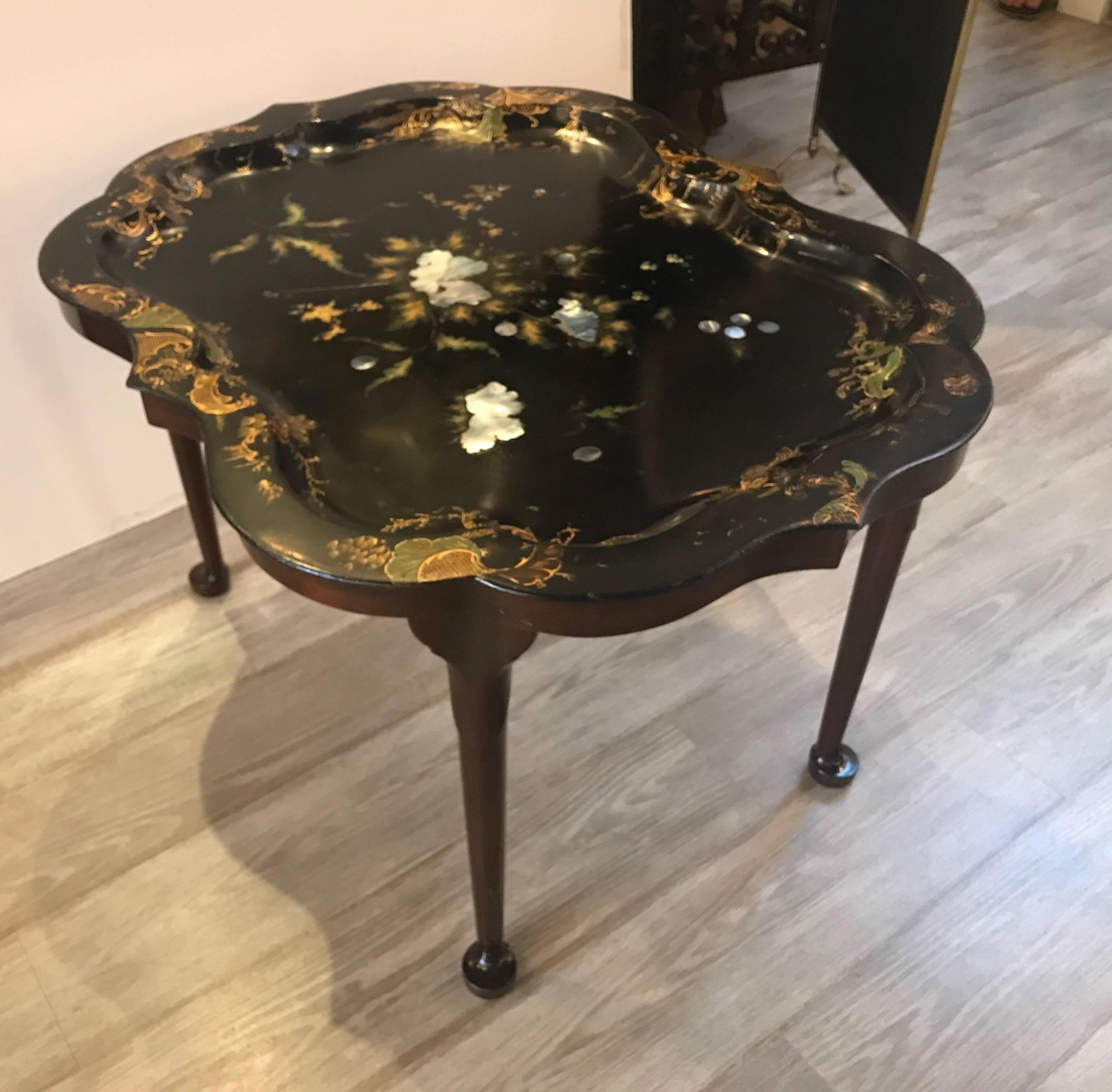 Late 19th Century Antique English Tole with Mother-of-Pearl Tray Table