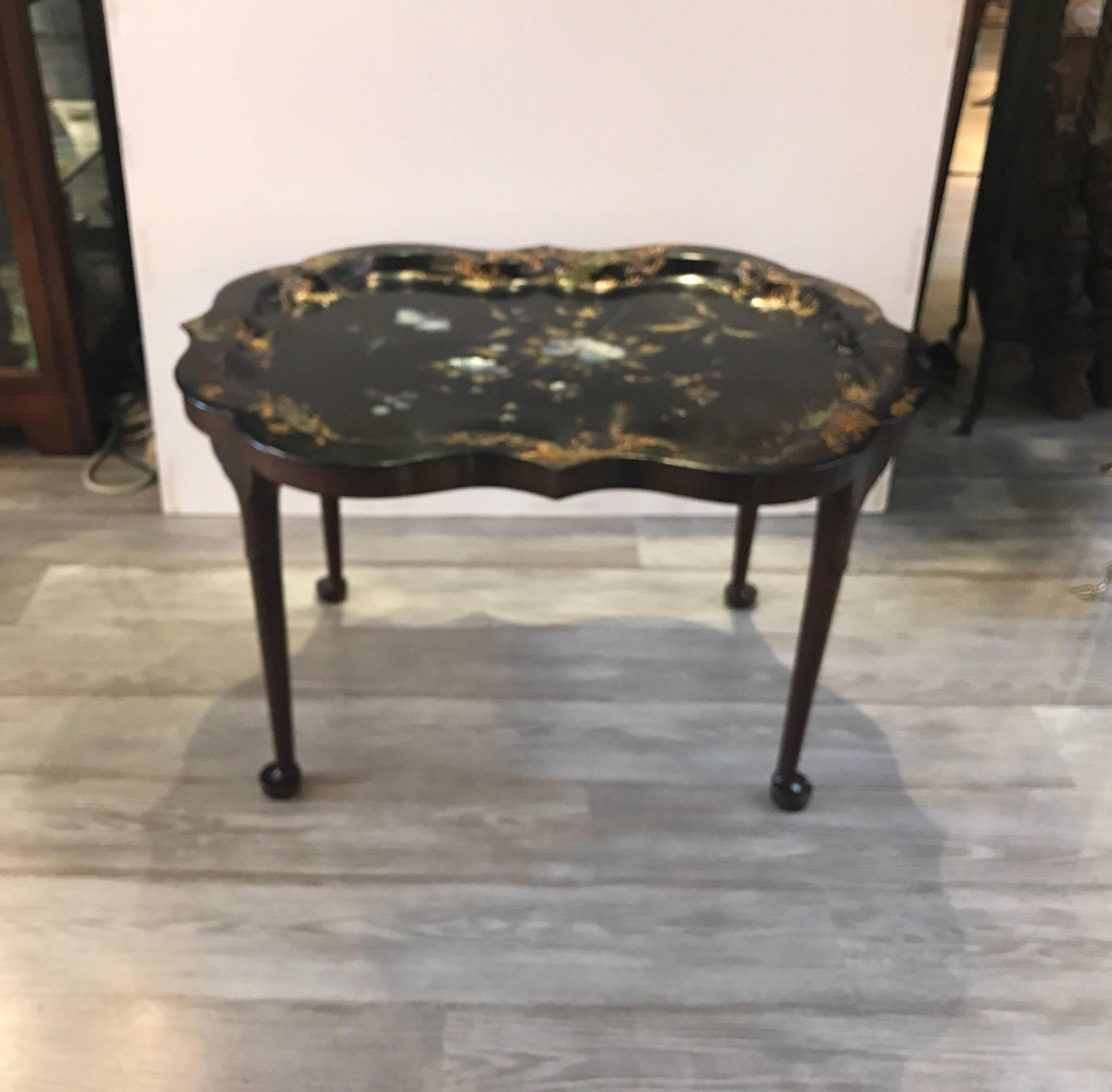 Antique English Tole with Mother-of-Pearl Tray Table 1
