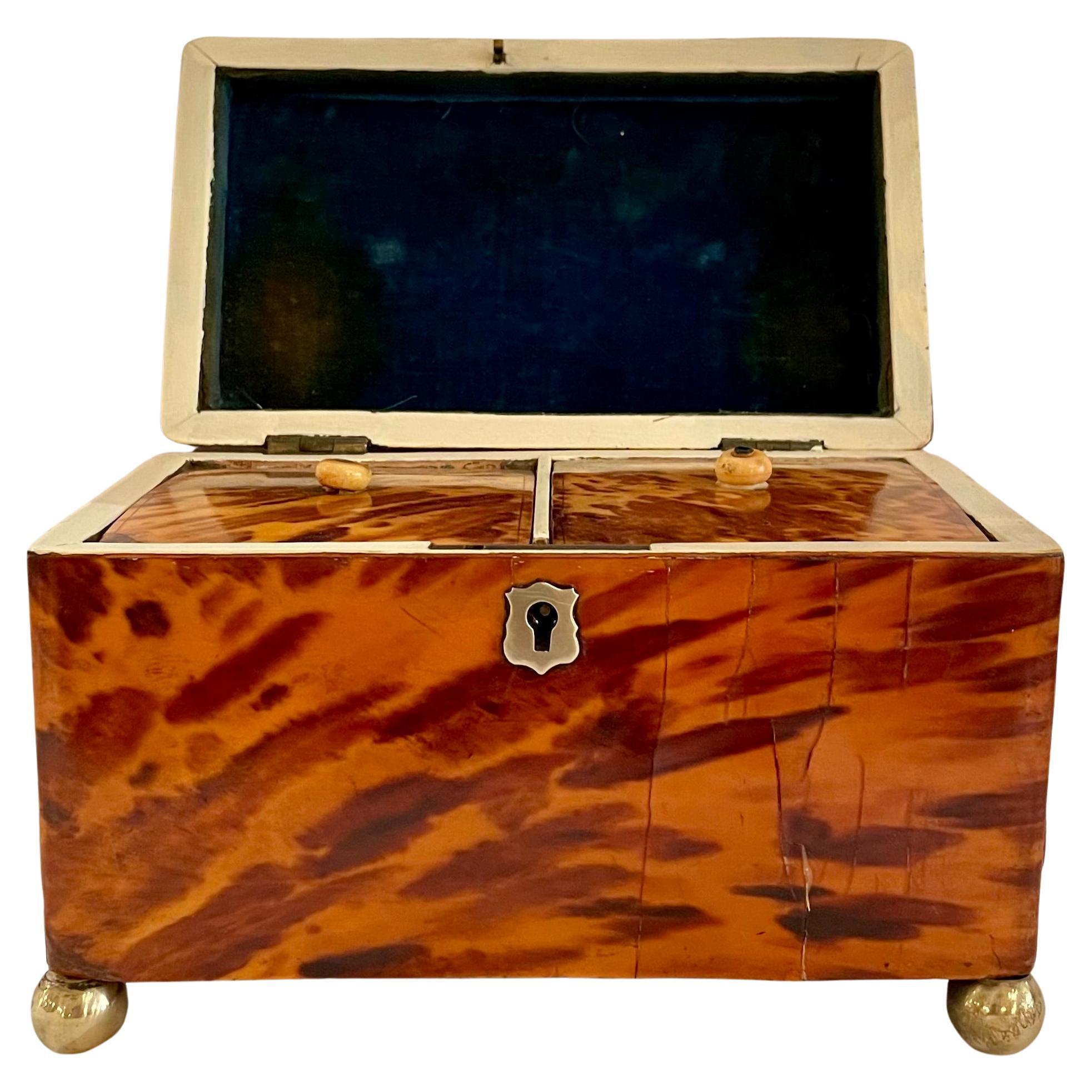 Antique English Tortoise Shell Tea Caddy In Good Condition For Sale In New Orleans, LA