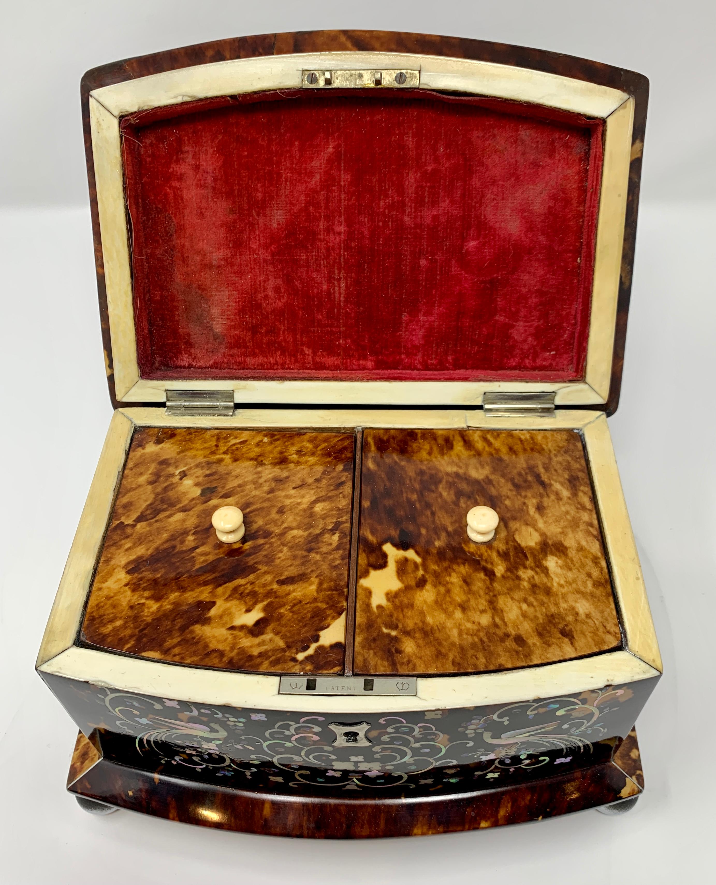 Antique English tortoise shell tea caddy with inlaid mother of pearl, Circa 1870-1880.