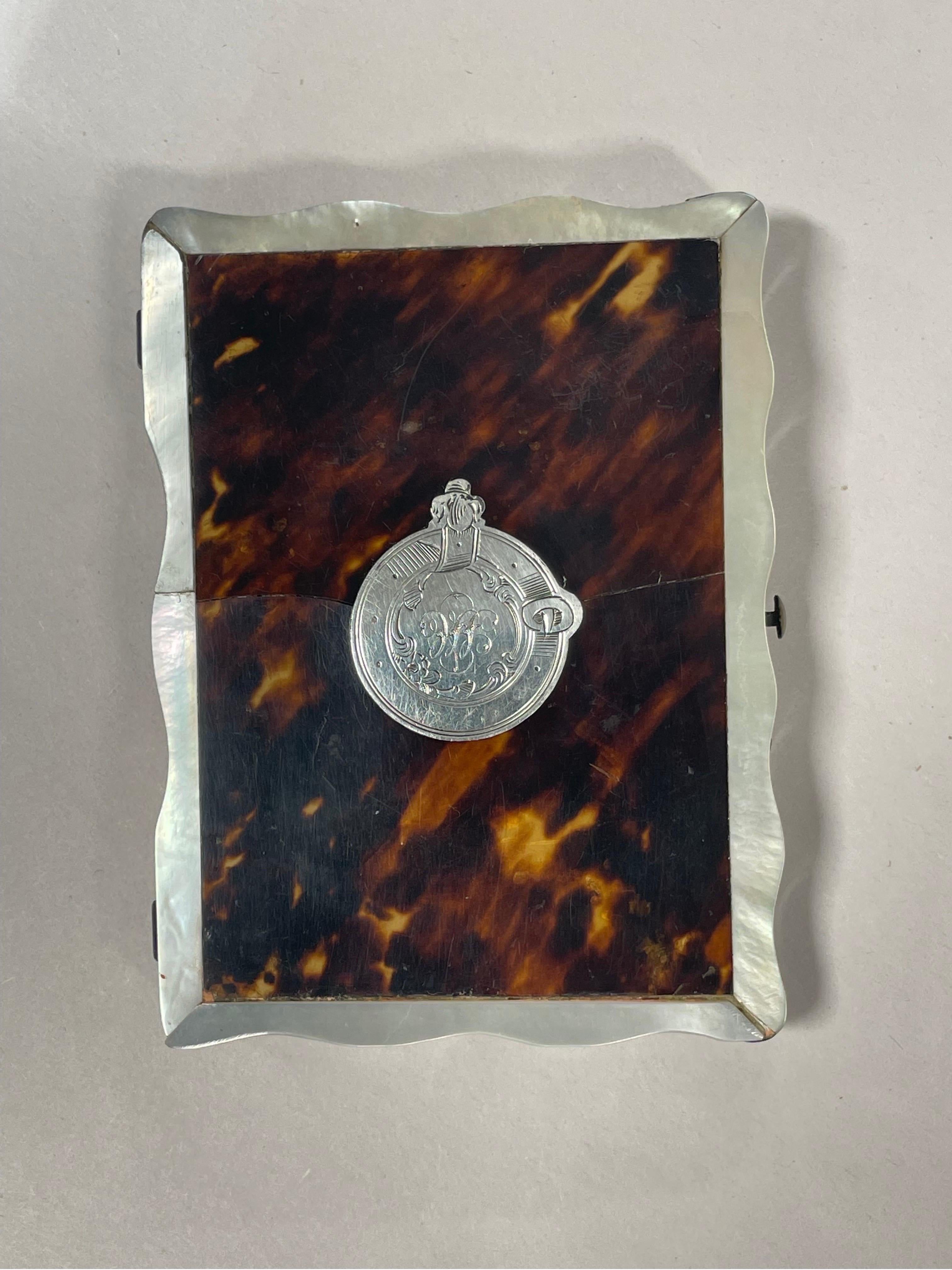 Antique English Tortoiseshell, MOP & Sterling Silver Card Case Holder For Sale 3
