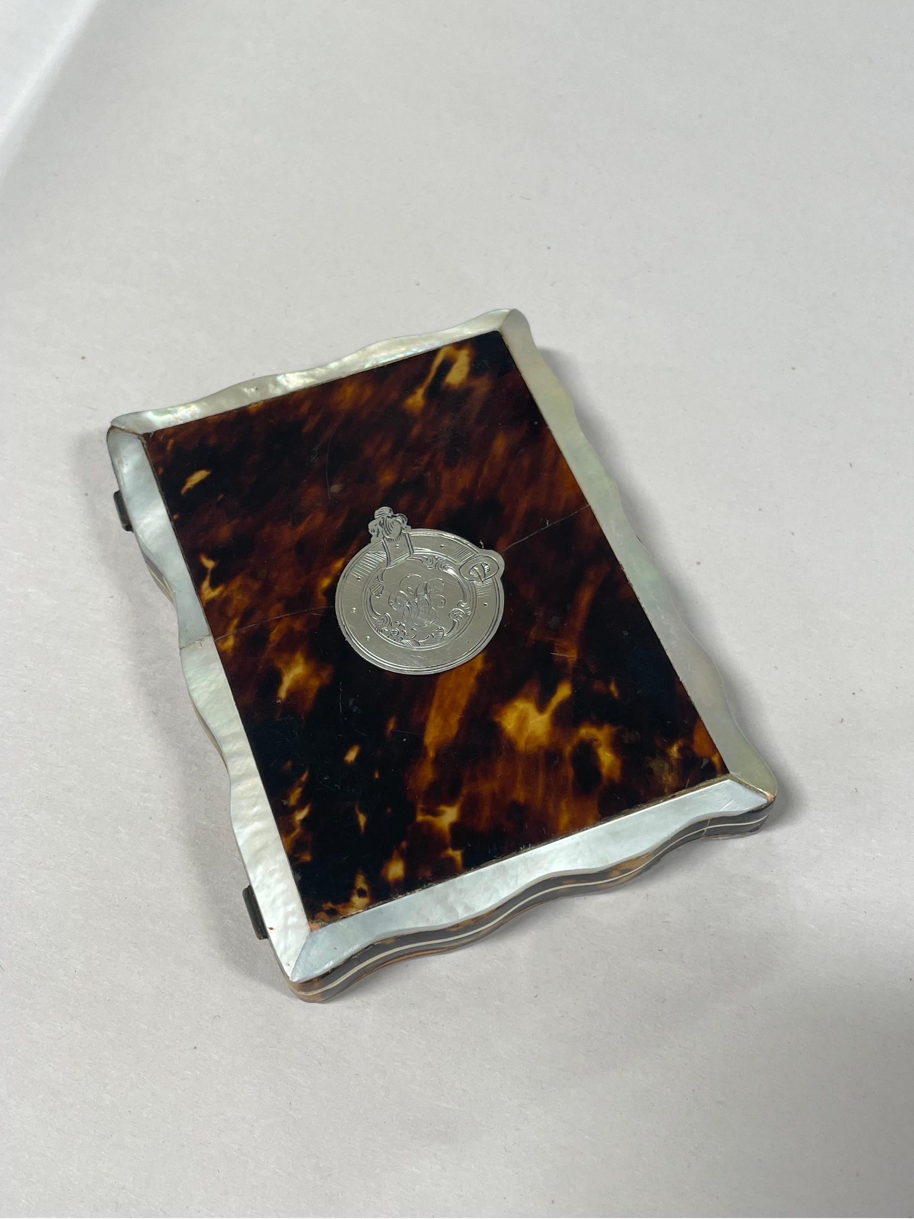 Antique English Tortoiseshell, MOP & Sterling Silver Card Case Holder For Sale 4