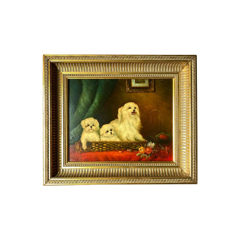 Antique English Traditional Framed Gilt Wood Maltese Dog Painting, Signed 1