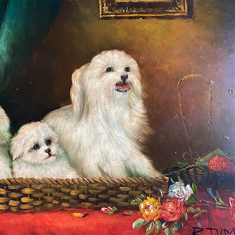 Antique English Traditional Framed Gilt Wood Maltese Dog Painting, Signed In Good Condition In Oklahoma City, OK