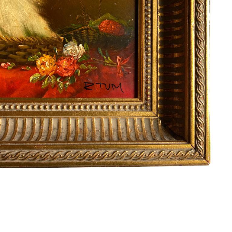 20th Century Antique English Traditional Framed Gilt Wood Maltese Dog Painting, Signed