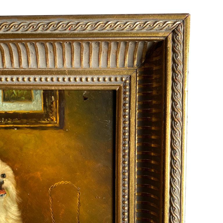 Wire Antique English Traditional Framed Gilt Wood Maltese Dog Painting, Signed