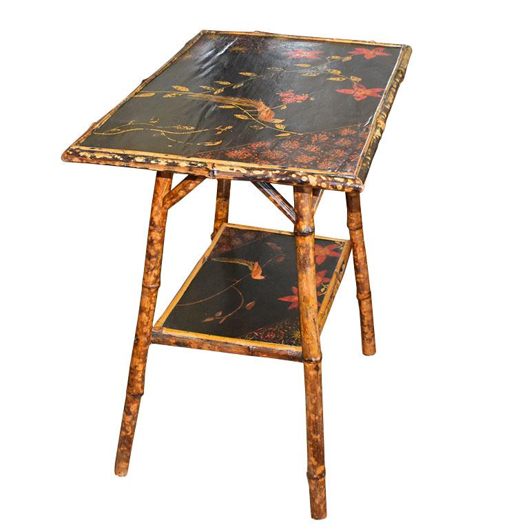 Chinoiserie Antique English Traditional Japanned Painted Bamboo Side Table with Bird Motif