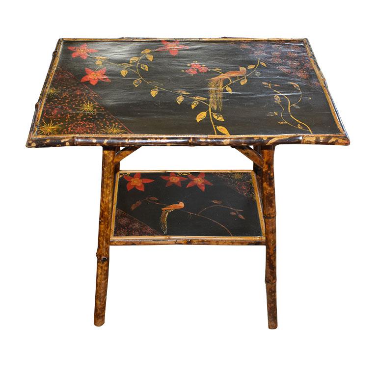 20th Century Antique English Traditional Japanned Painted Bamboo Side Table with Bird Motif