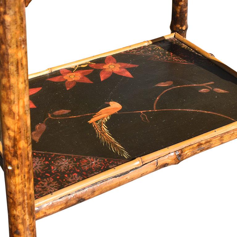 Antique English Traditional Japanned Painted Bamboo Side Table with Bird Motif 1