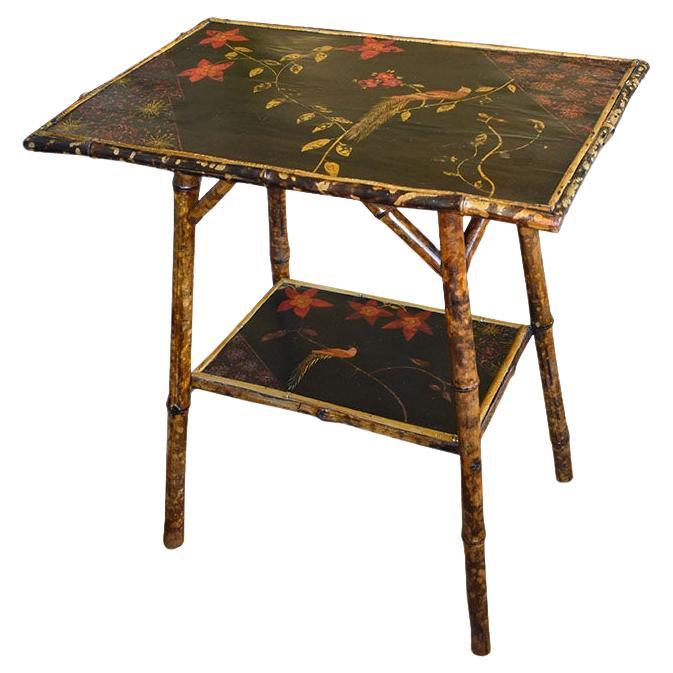 Antique English Traditional Japanned Painted Bamboo Side Table with Bird Motif
