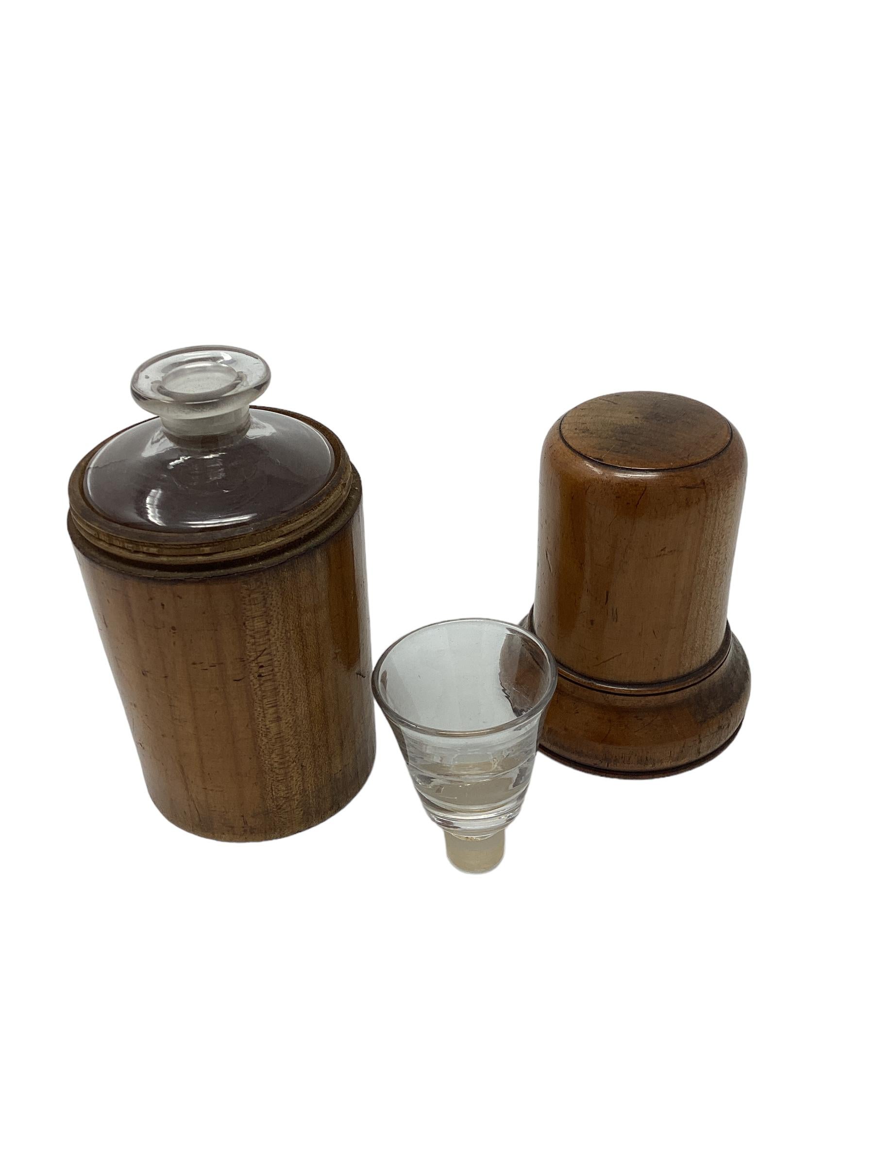 Wood Antique English Treenware Flask or Bottle with Shot Glass  For Sale