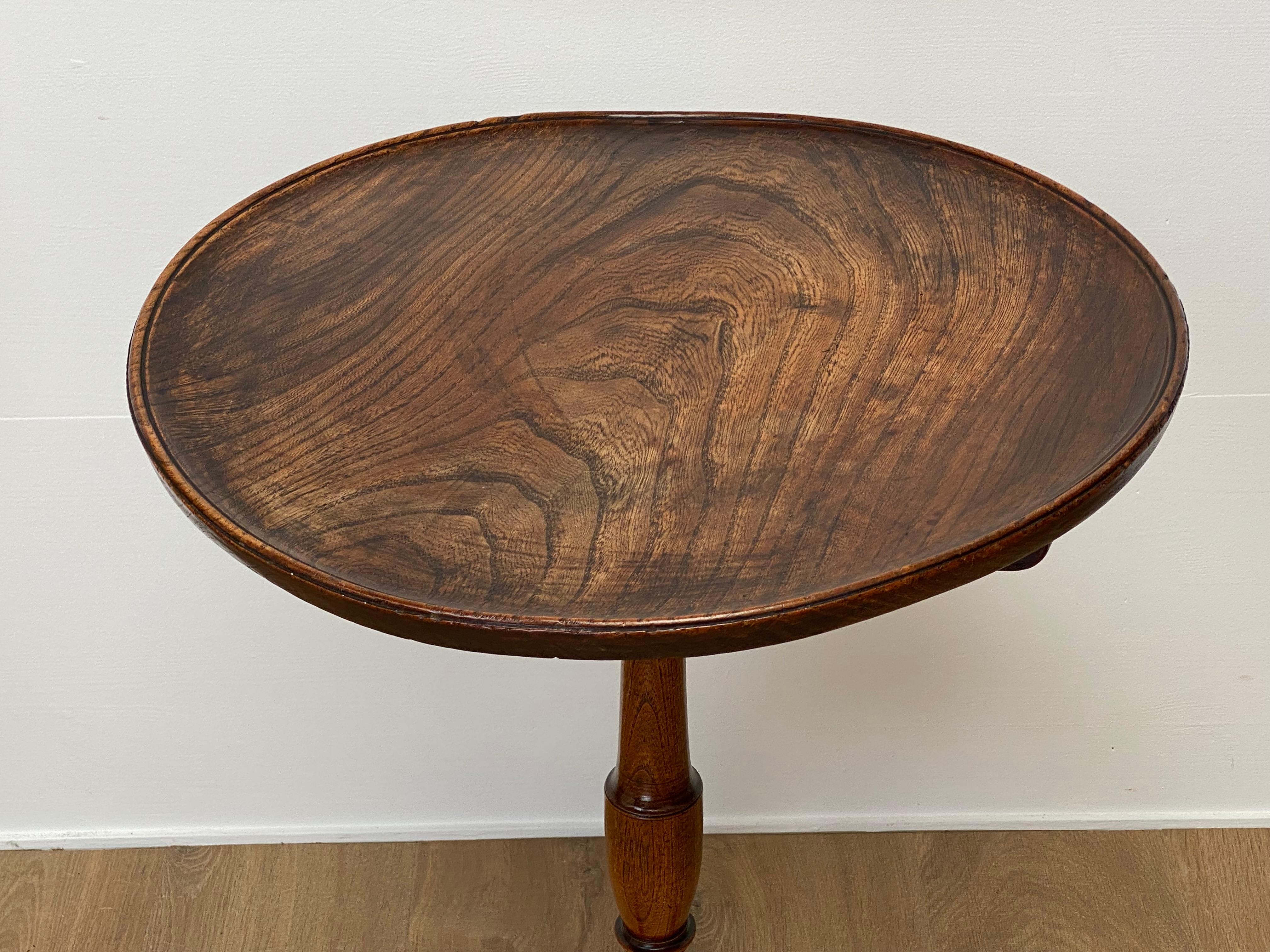 Polished Antique , English Tripod Table in Elm Wood For Sale