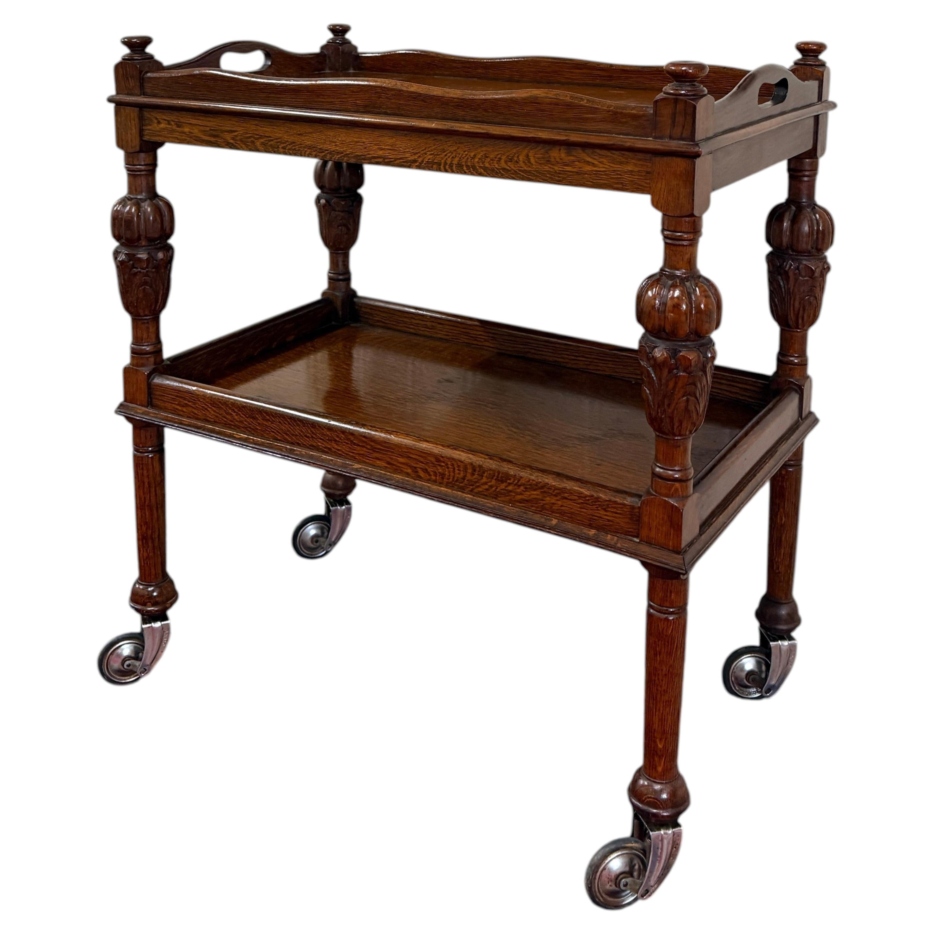 Antique English Trolley Tea Cart Pastry Cocktail Bar Cart Tray Tudor Oak 1930s 2